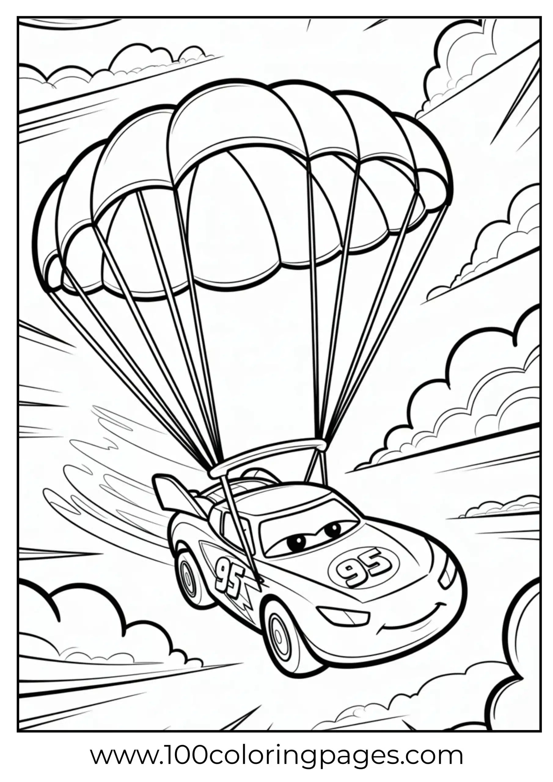 Lightning McQueen skydiving with parachute coloring page