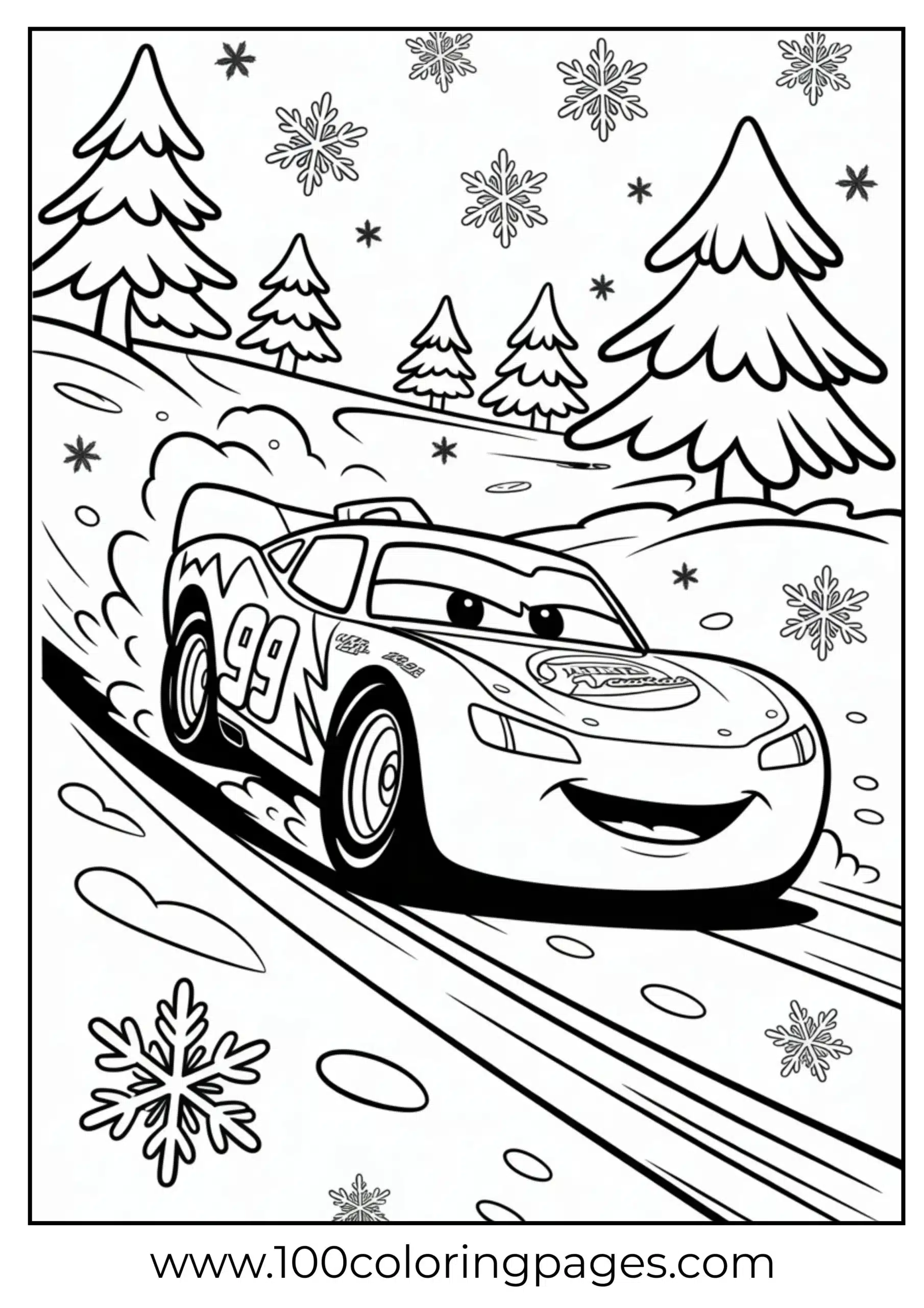 Lightning McQueen racing in snow with pine trees coloring page