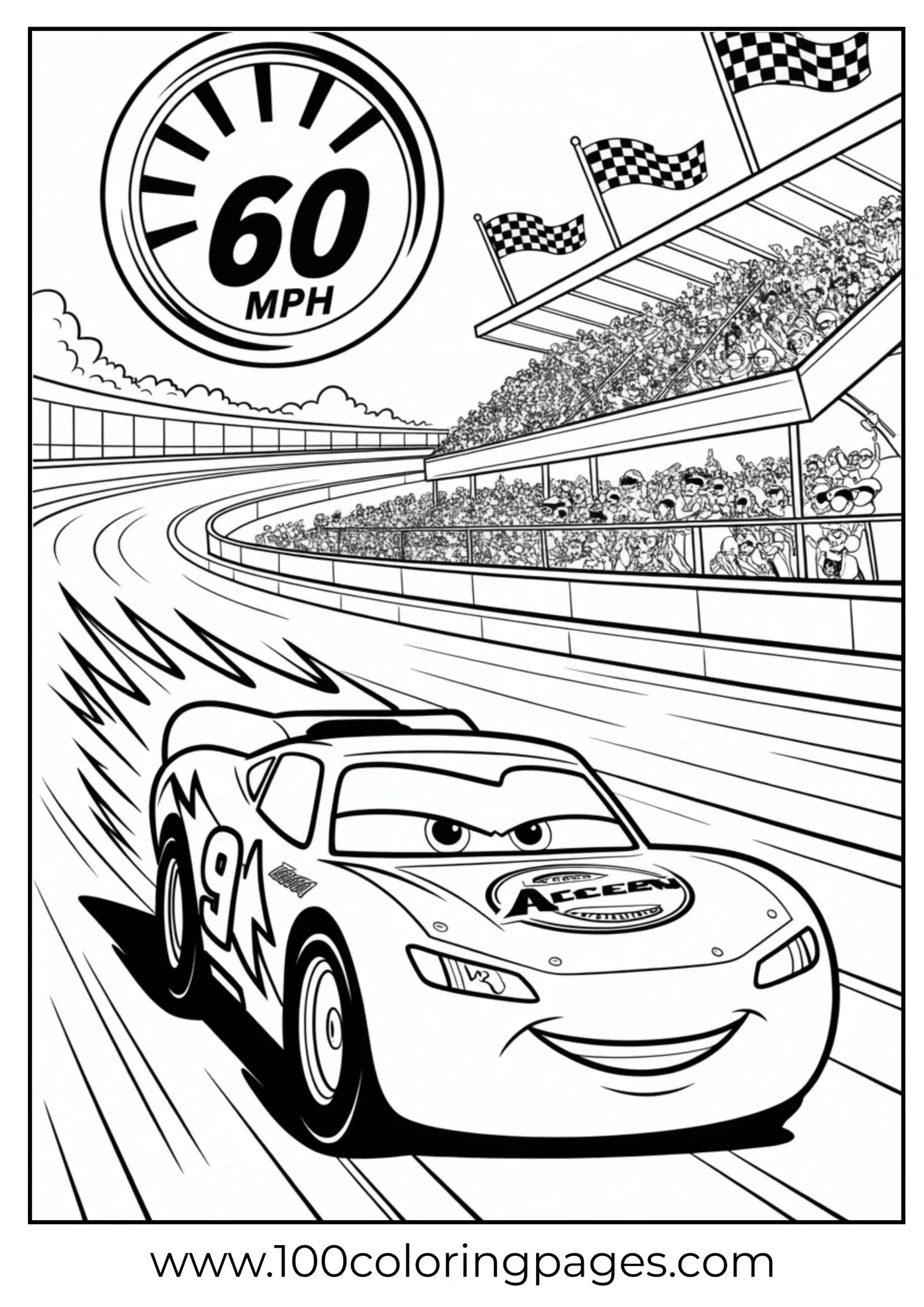 Lightning McQueen with speedometer and blur lines coloring page