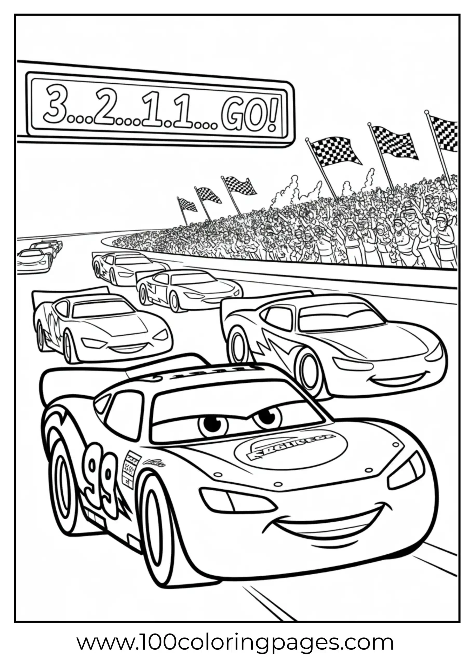 Lightning McQueen at race start line with lights coloring page