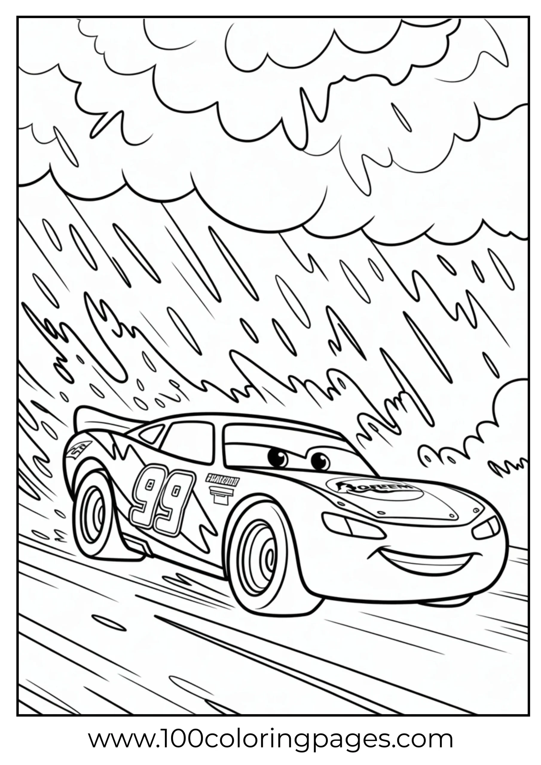 Lightning McQueen driving in thunderstorm with lightning coloring page