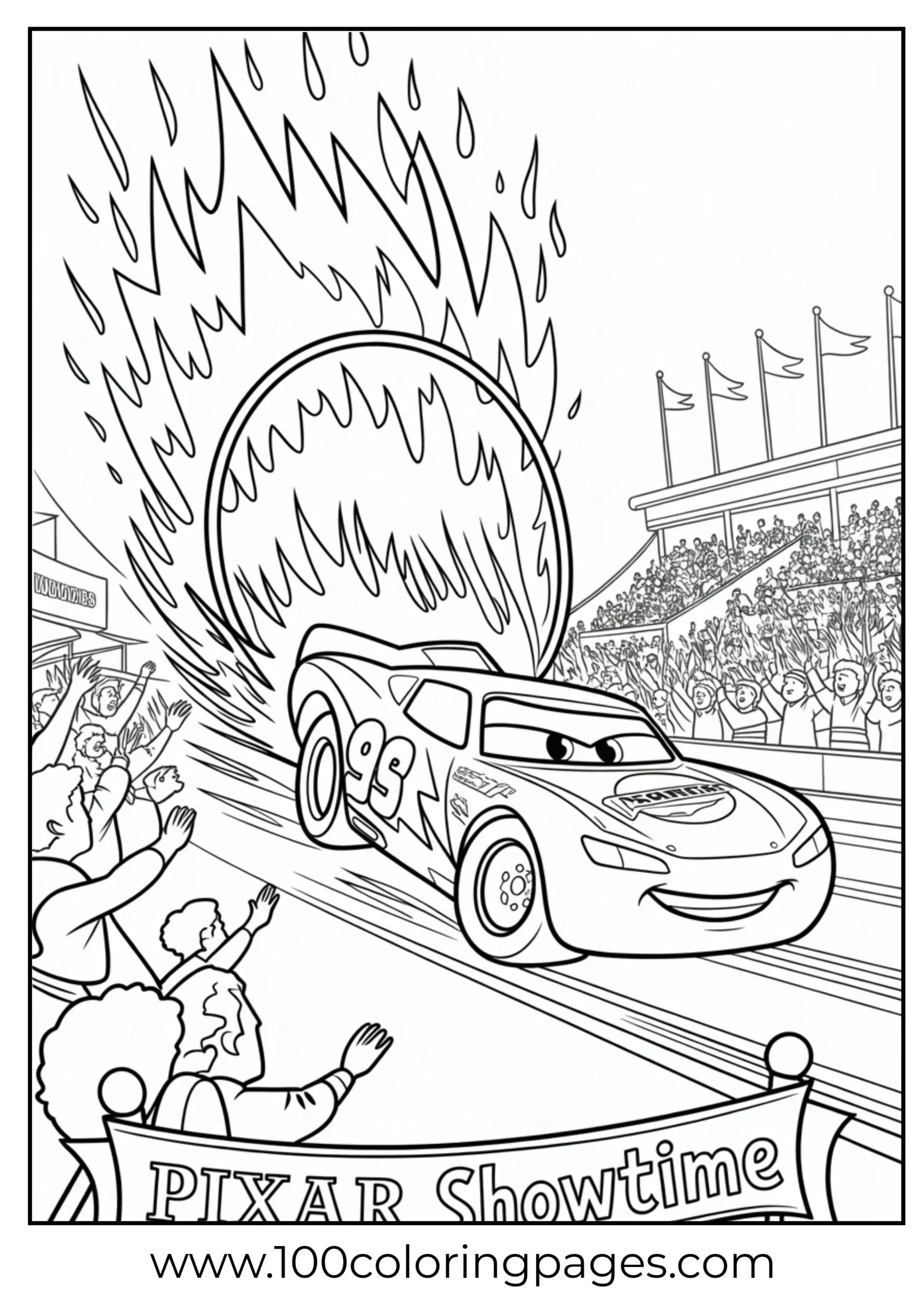 Lightning McQueen in stunt show jumping flaming hoop coloring page