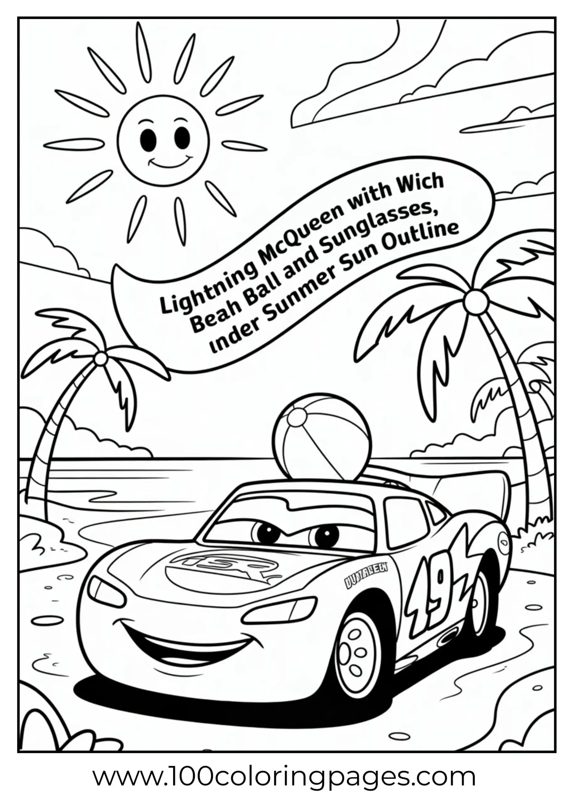 Lightning McQueen with beach ball and sun coloring page