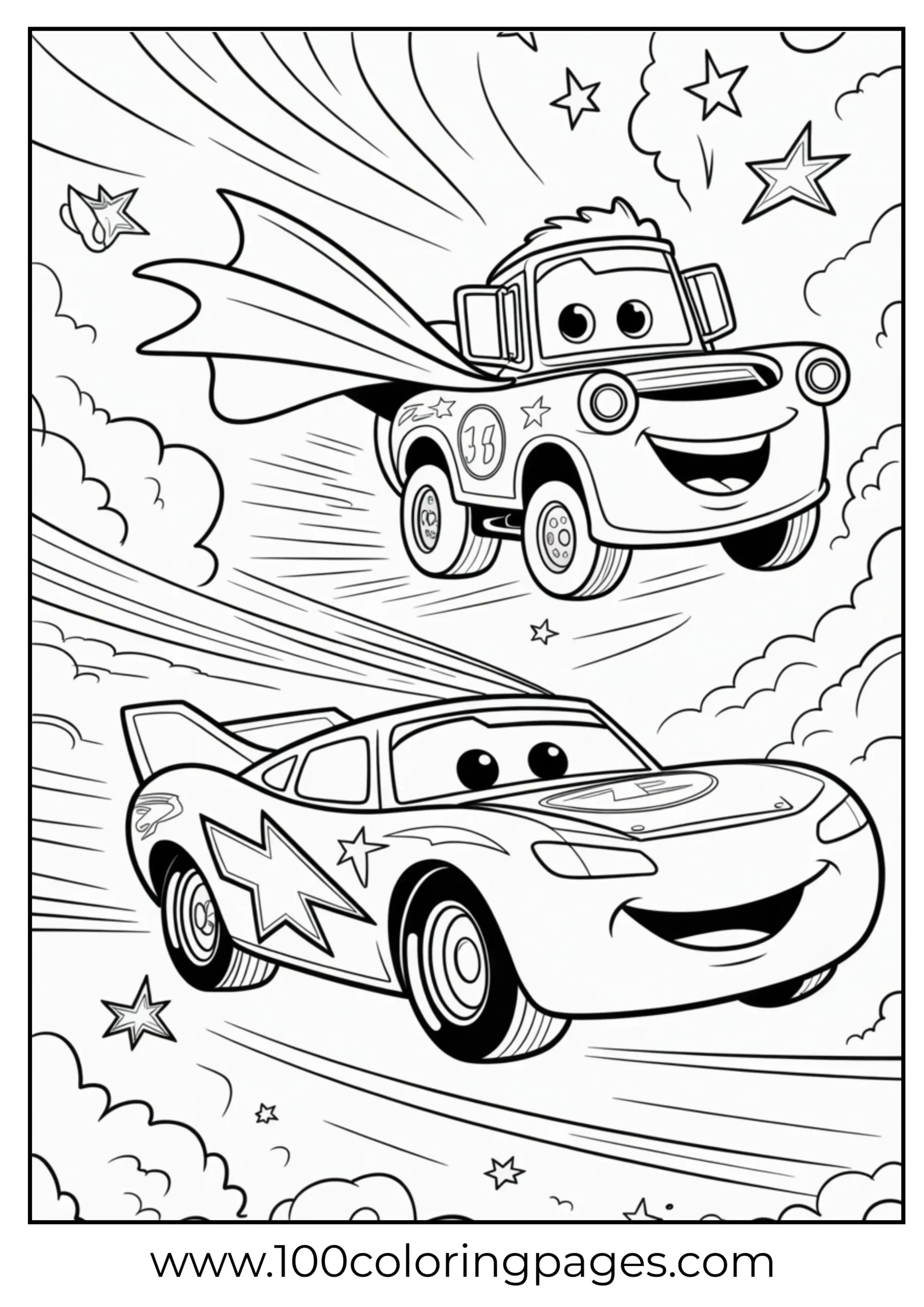 McQueen and Mater as flying superheroes coloring page