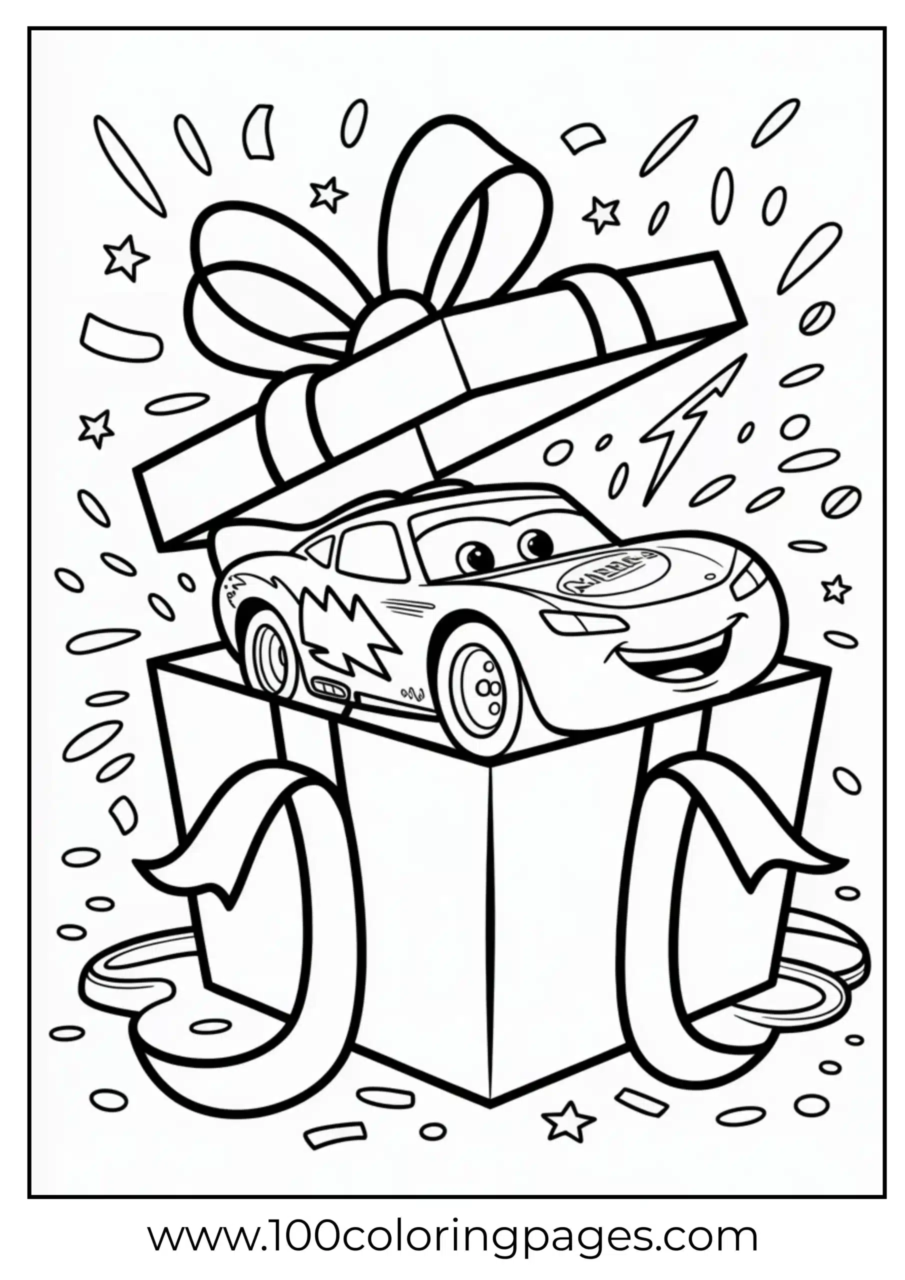 Lightning McQueen popping from gift box coloring page