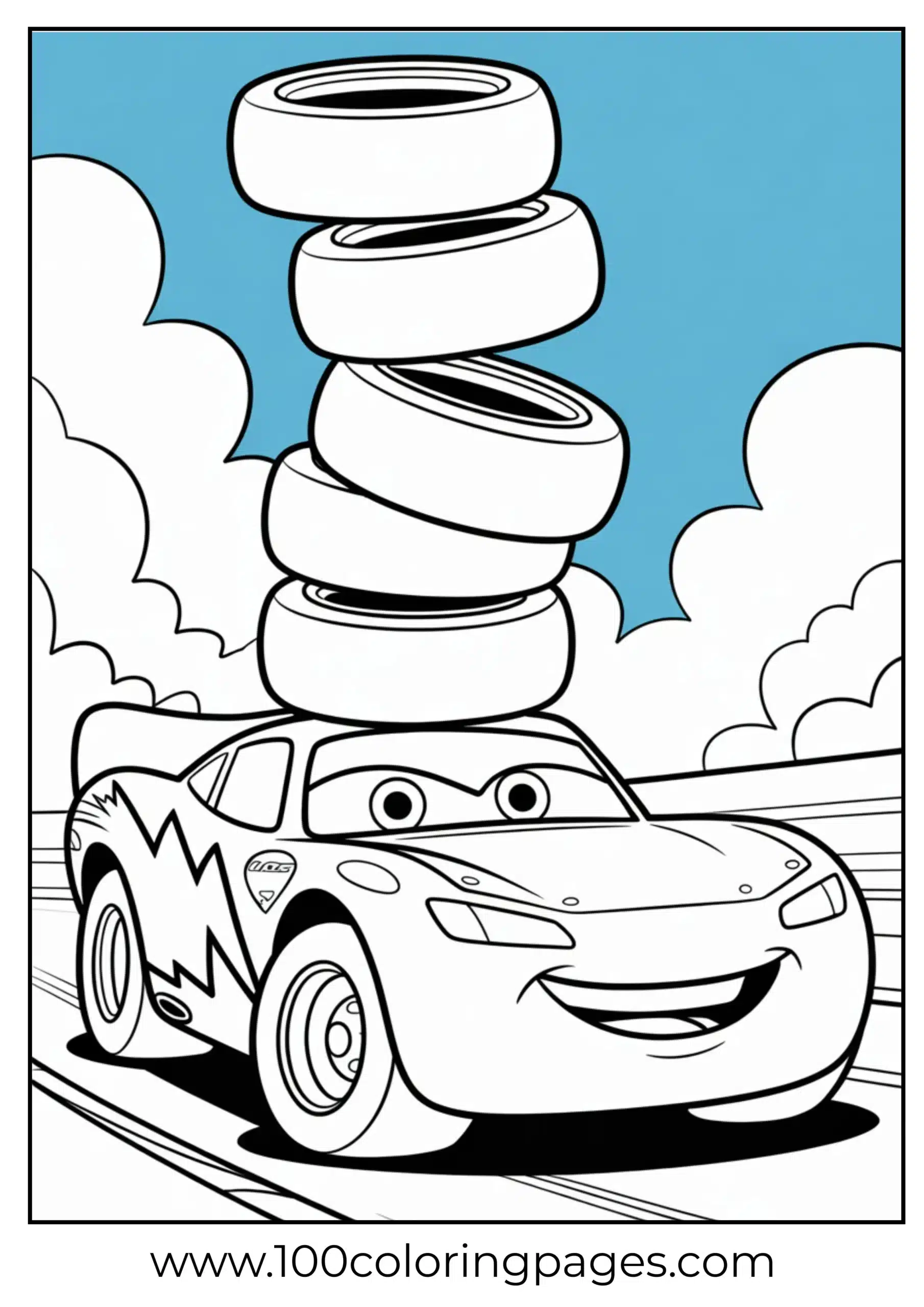 Lightning McQueen balancing tires cartoon-style coloring page