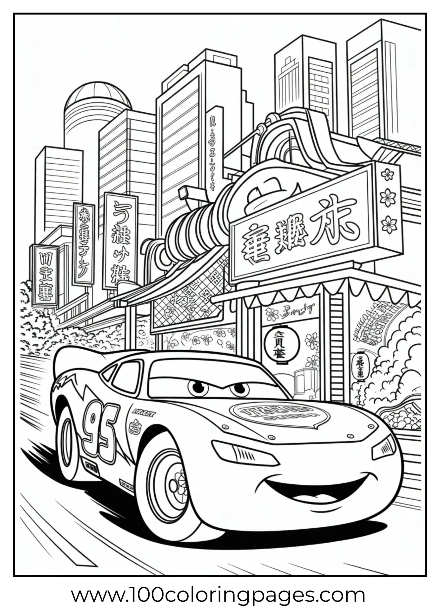 Lightning McQueen in Tokyo with neon backdrop coloring page