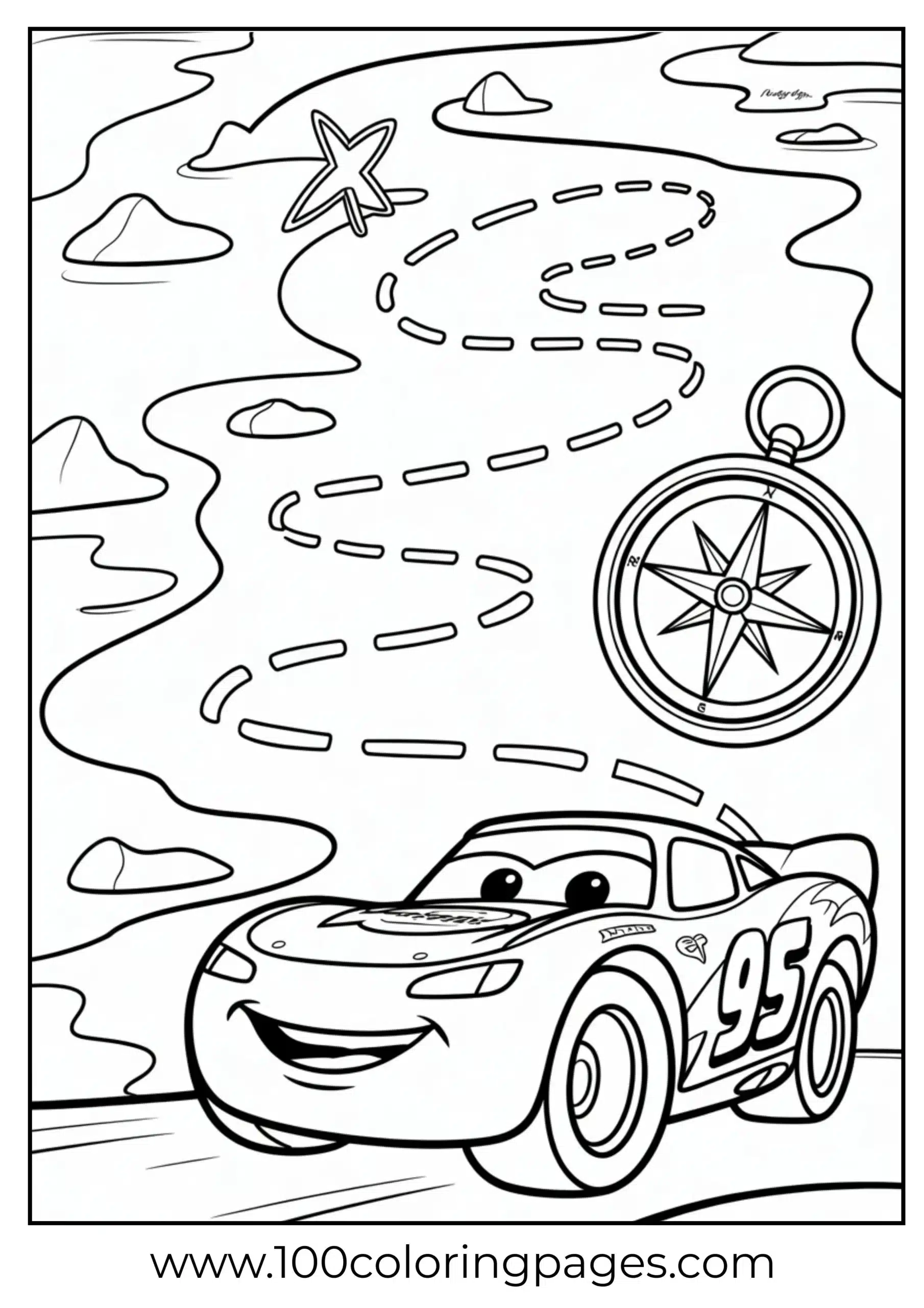 Lightning McQueen on treasure map with compass and X coloring page