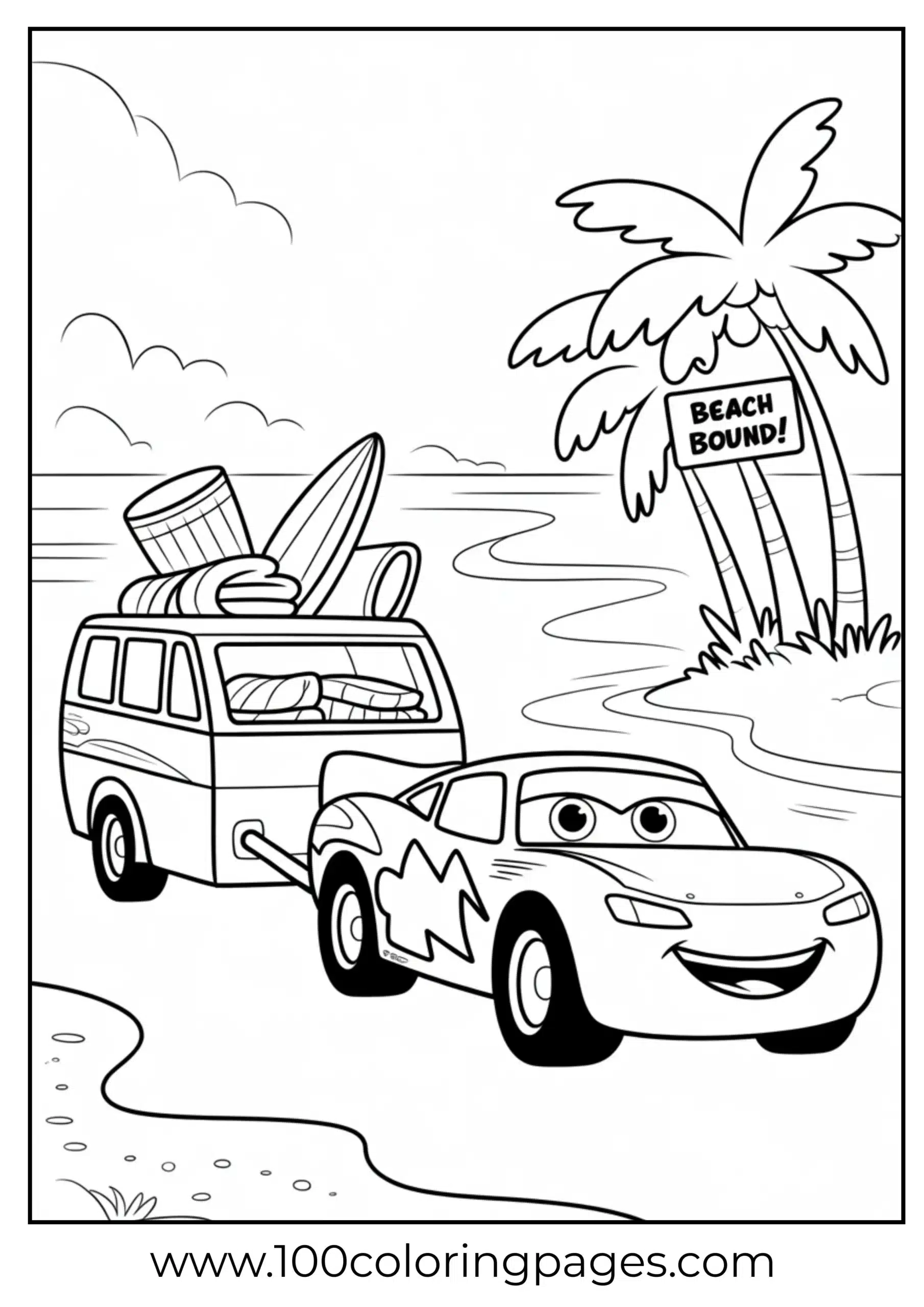 Lightning McQueen towing vacation trailer with luggage coloring page