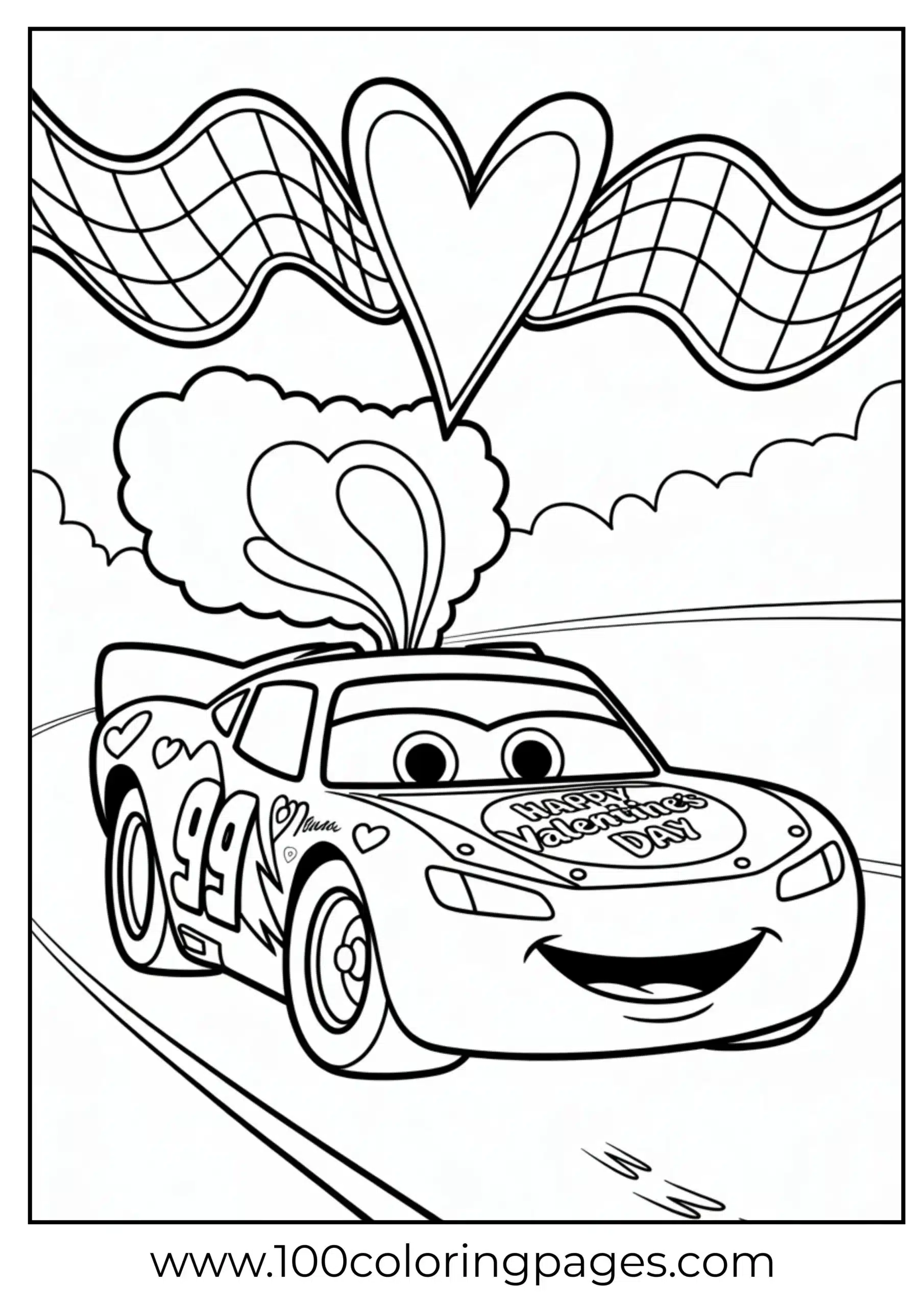 Lightning McQueen with heart exhaust smiling coloring page