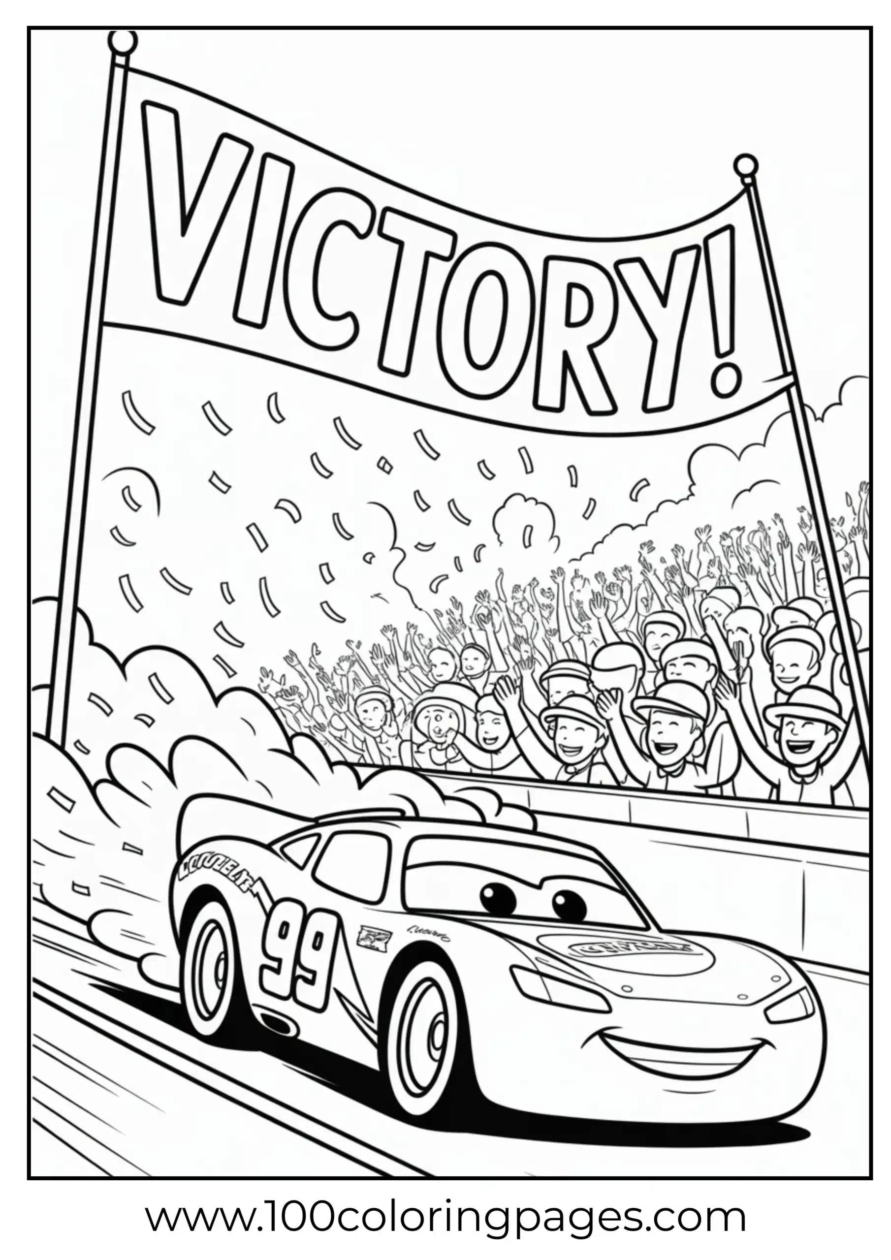 Lightning McQueen under victory banner and confetti coloring page