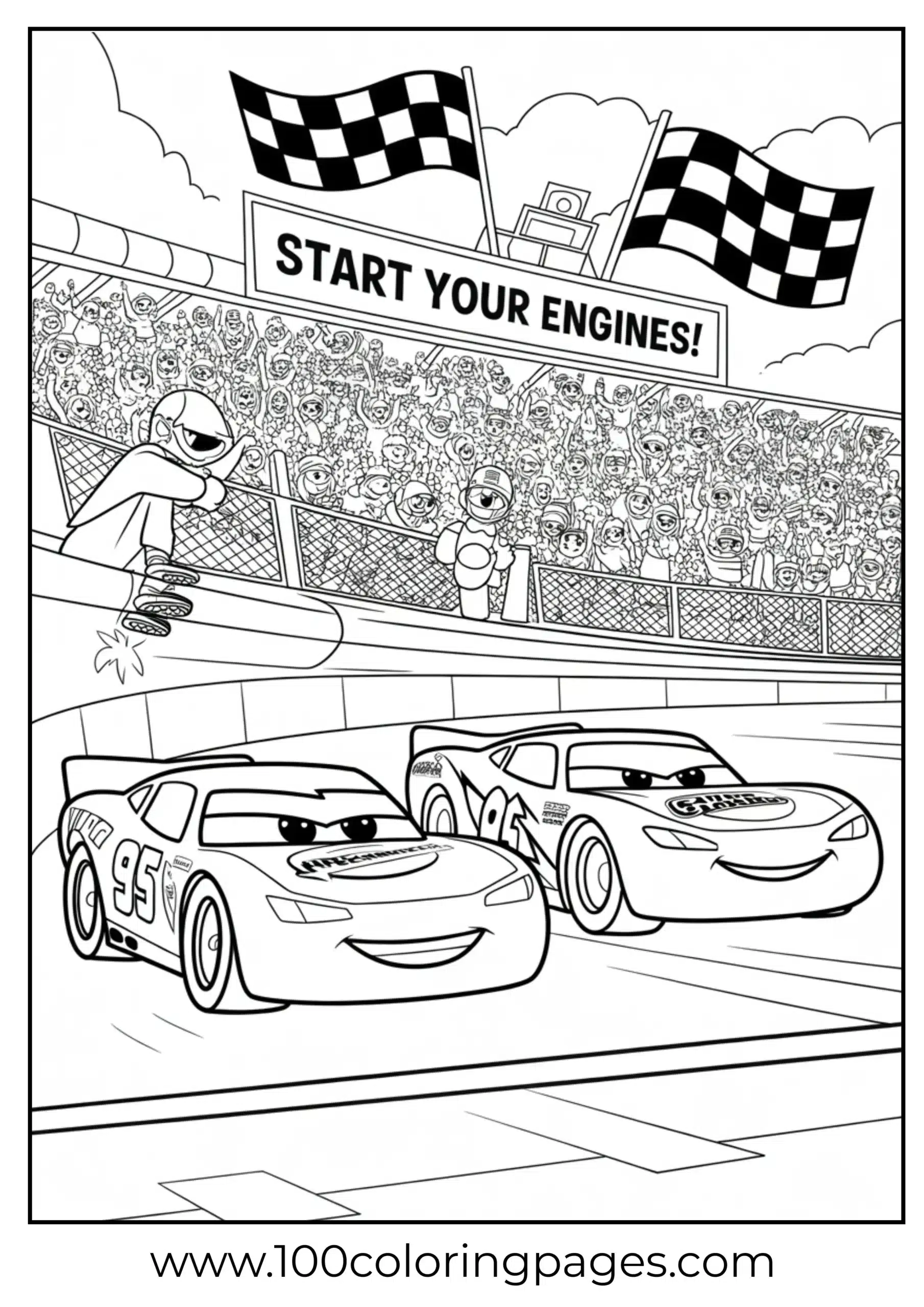 Lightning McQueen and Chick Hicks racing start pose coloring page