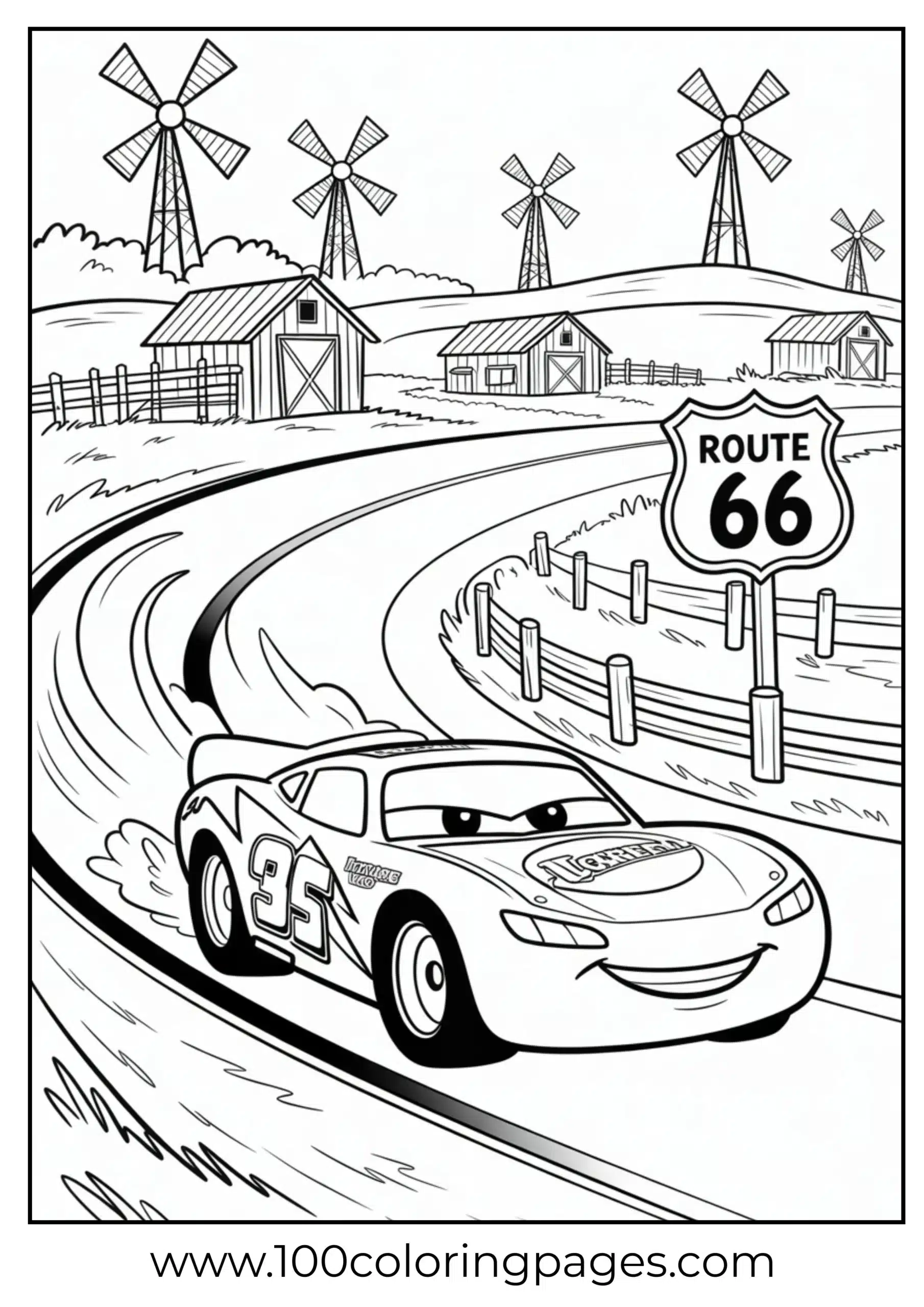 Lightning McQueen on road with windmills coloring page