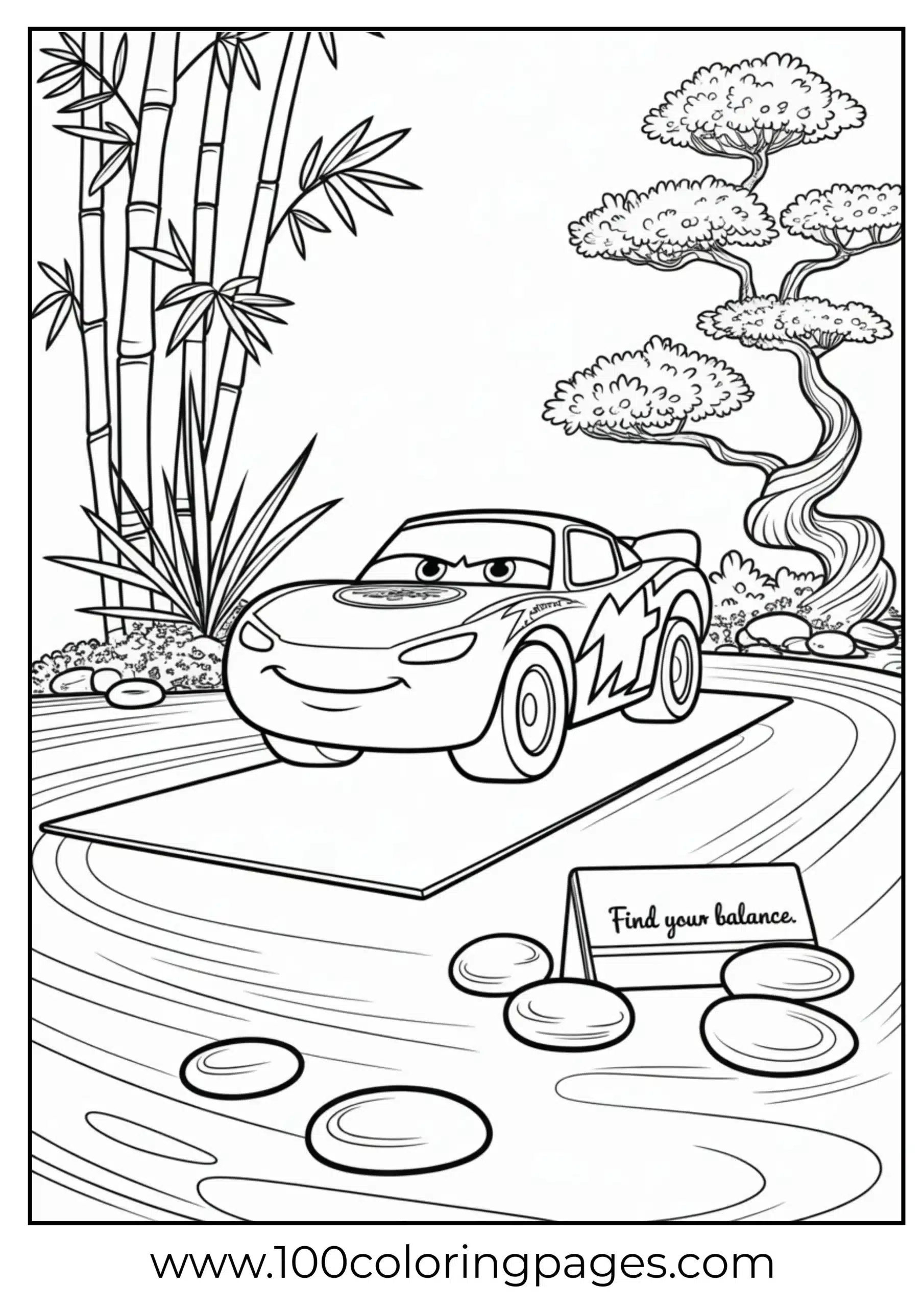 Lightning McQueen on yoga mat with peaceful expression coloring page