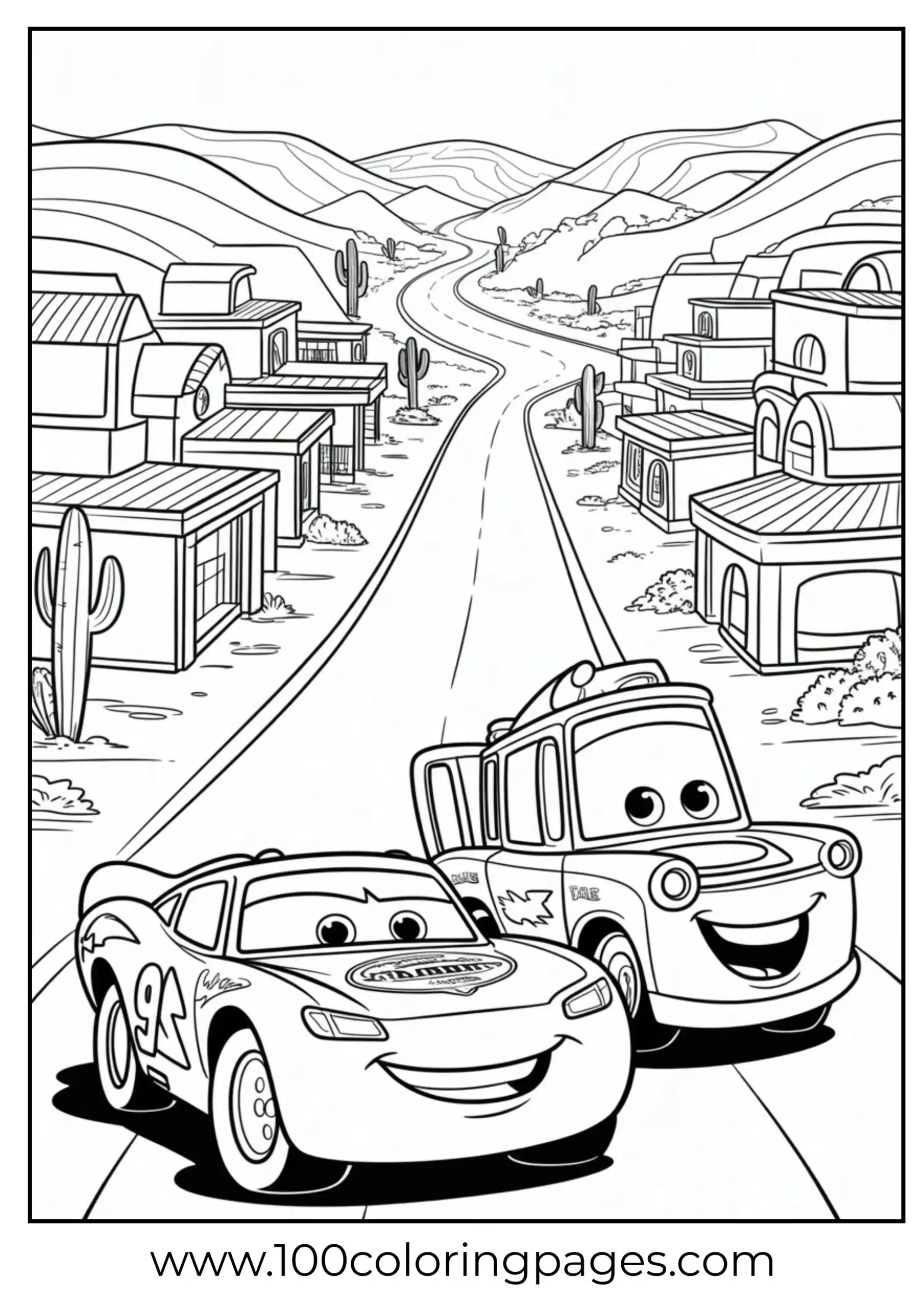 Lightning McQueen and Mater in Radiator Springs coloring page