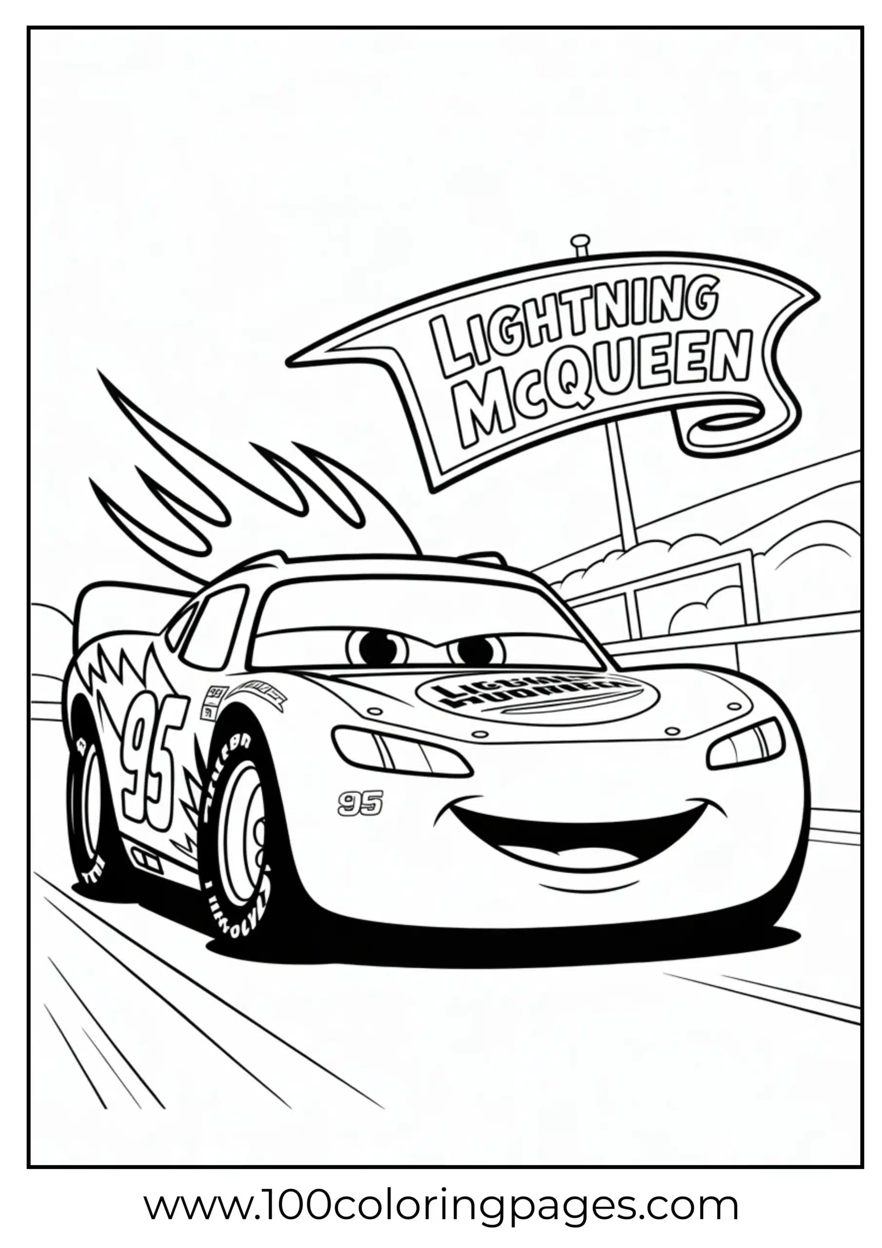 Lightning McQueen front view smiling, coloring page