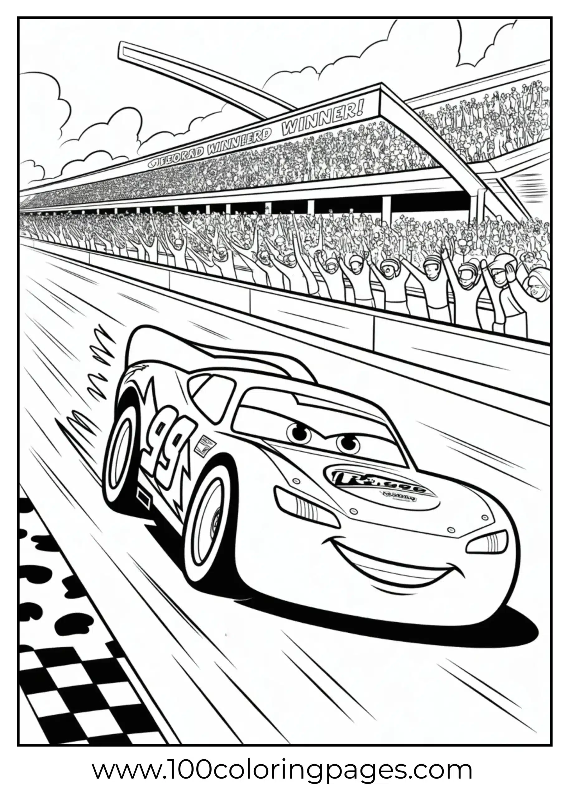 Lightning McQueen leading race track with crowd coloring page