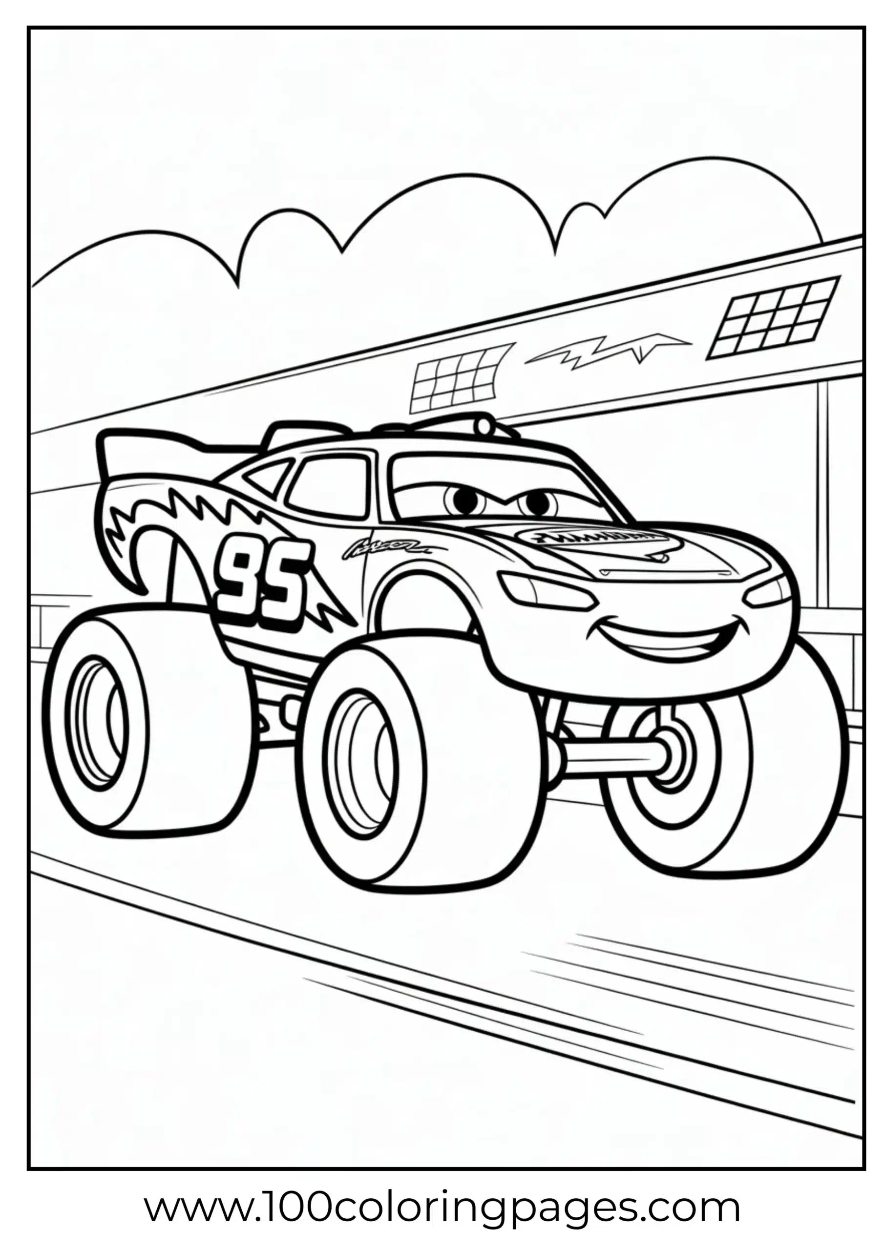 Monster truck variant of Lightning McQueen coloring page