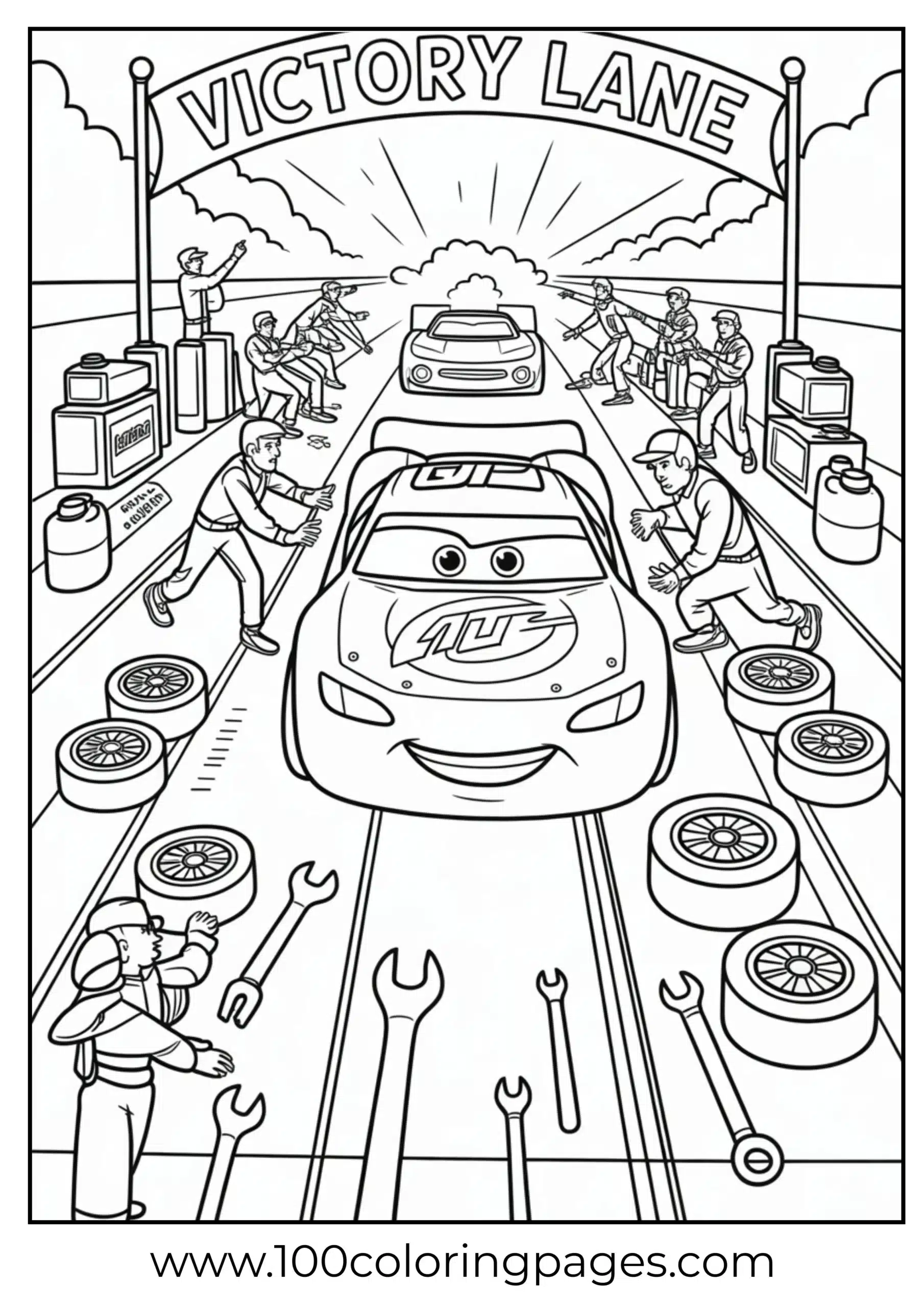 Lightning McQueen pit stop with crew tools coloring page