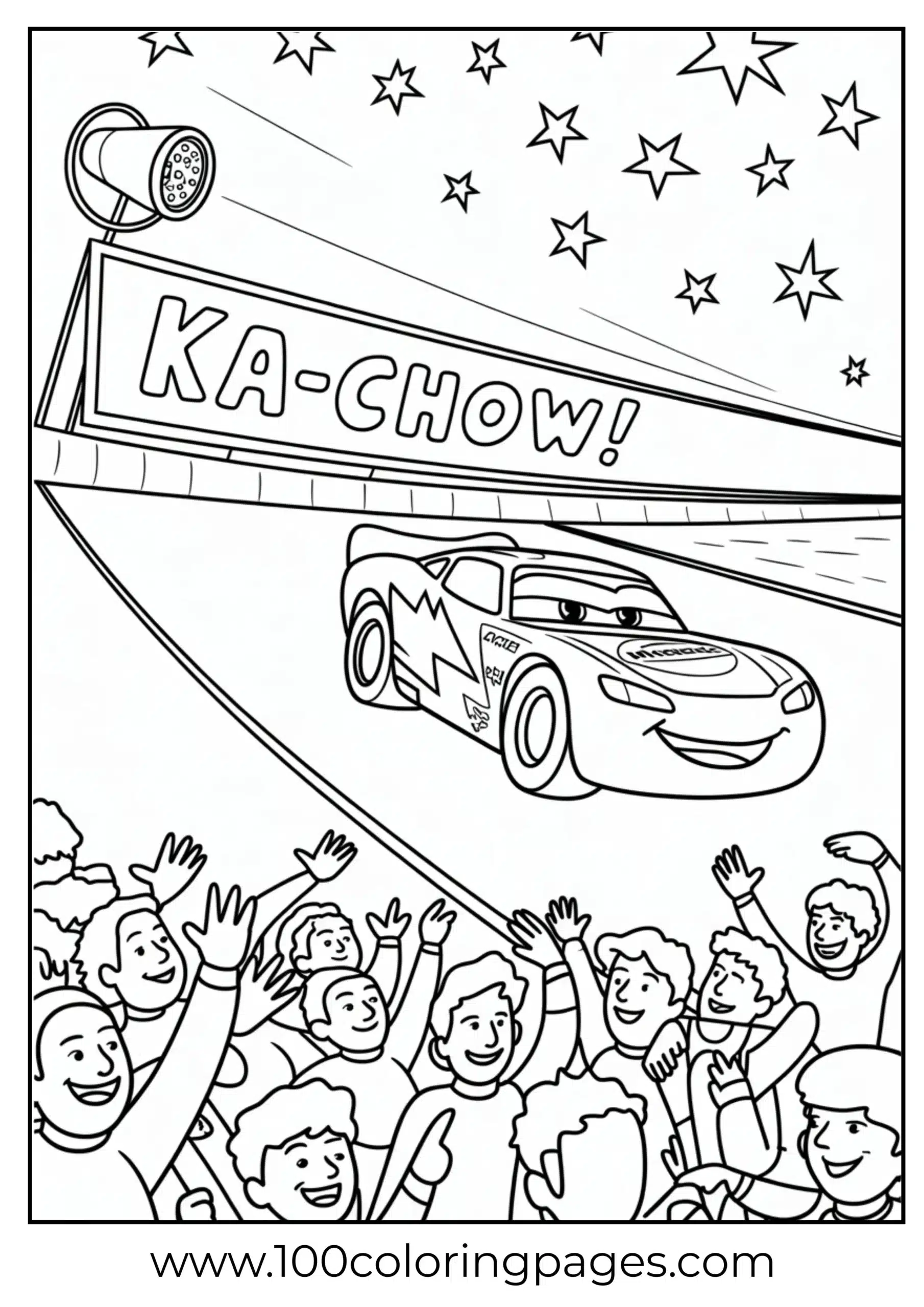 Lightning McQueen showing off to crowd coloring page