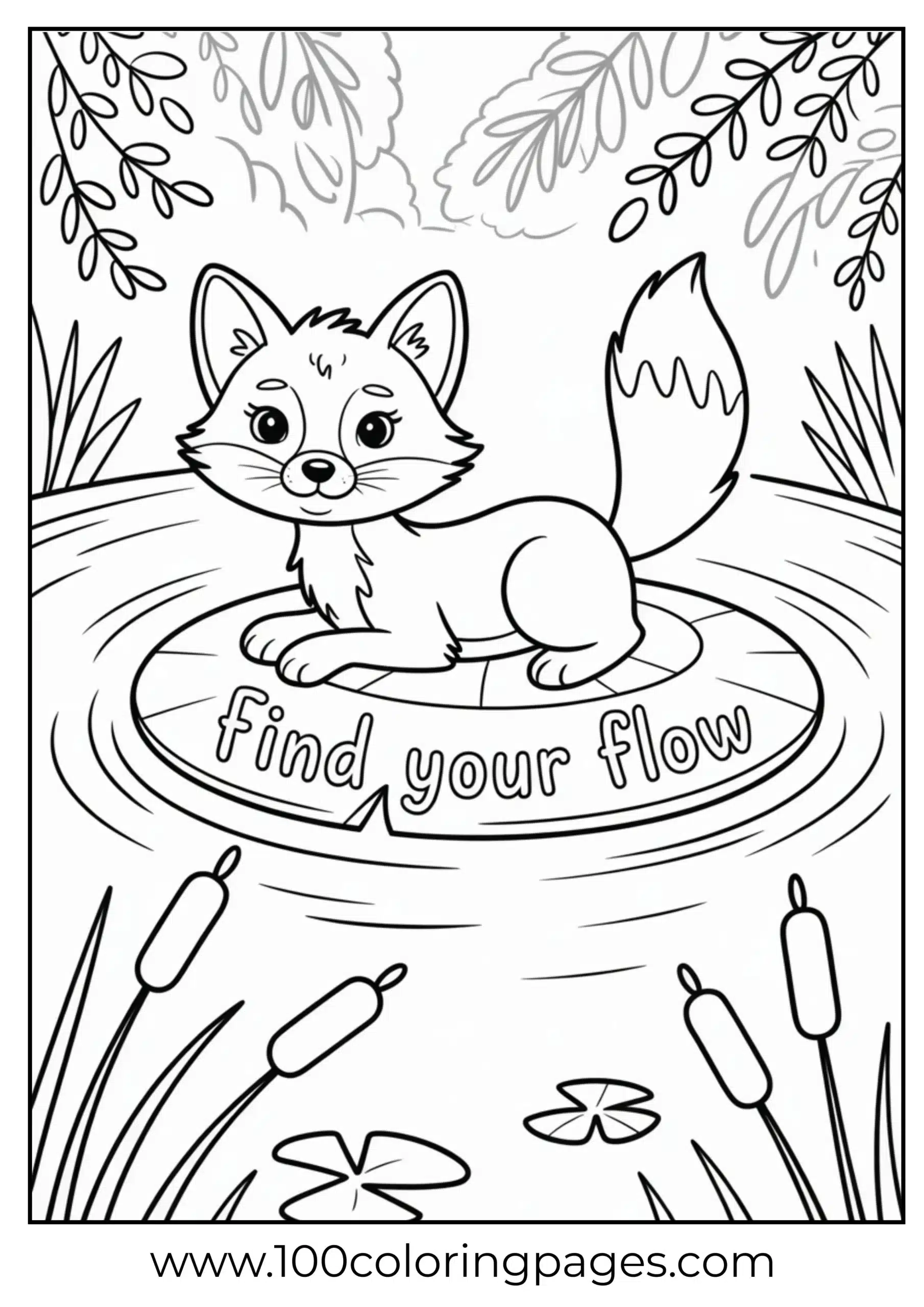 Fox relaxing on lily pad in water
