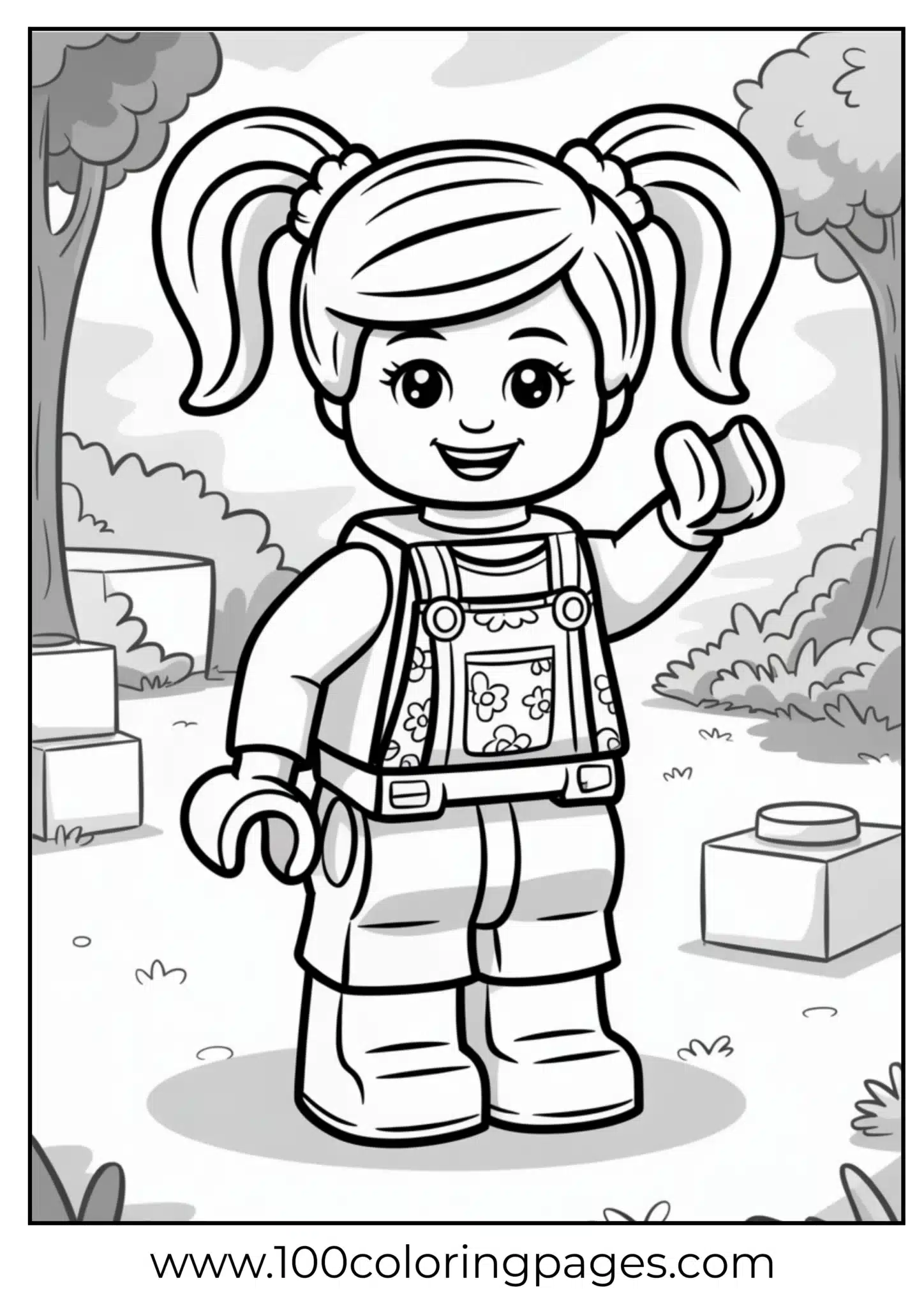 A young girl with pigtails waving, standing in a park