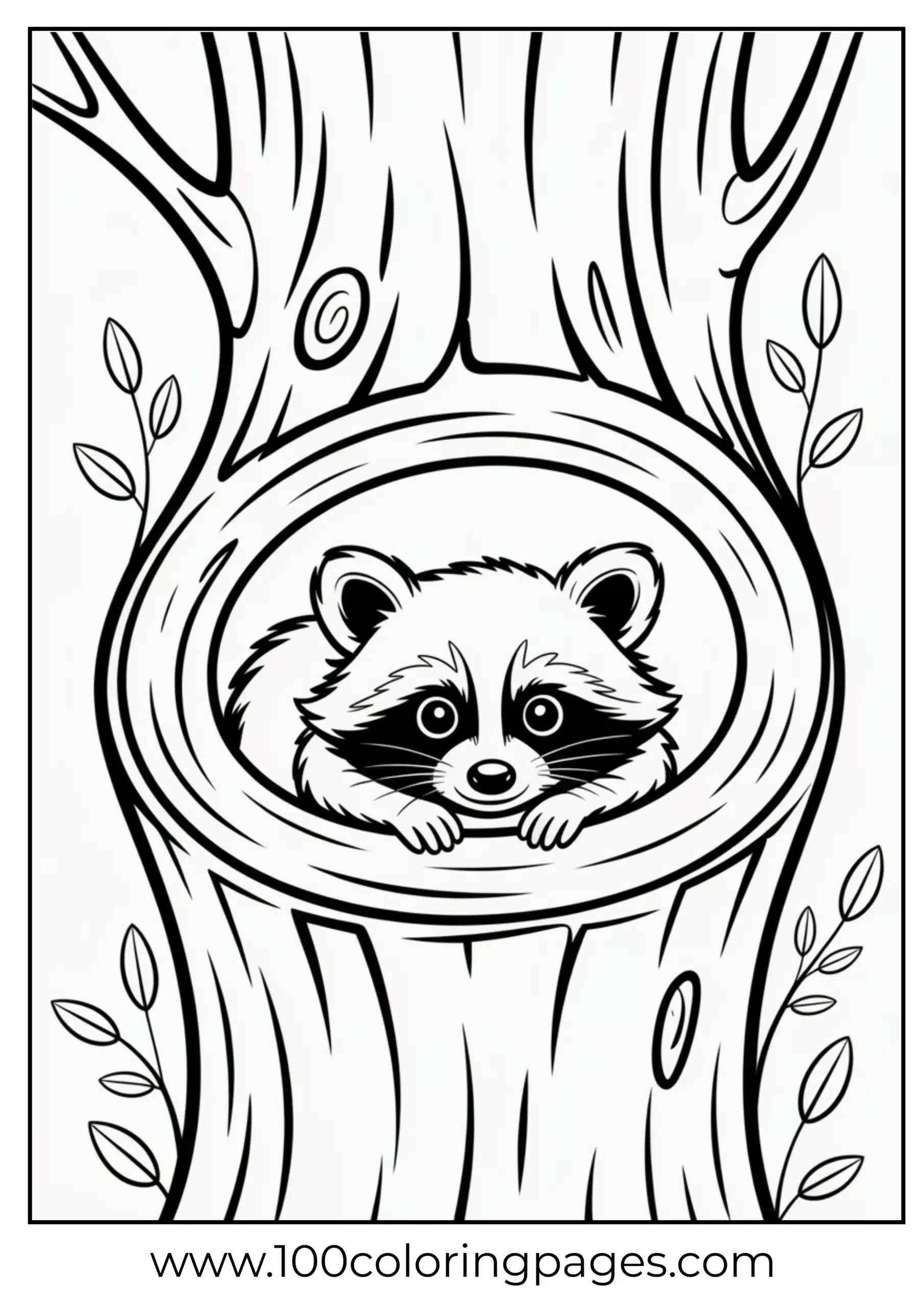 Raccoon inside log peeking out coloring page