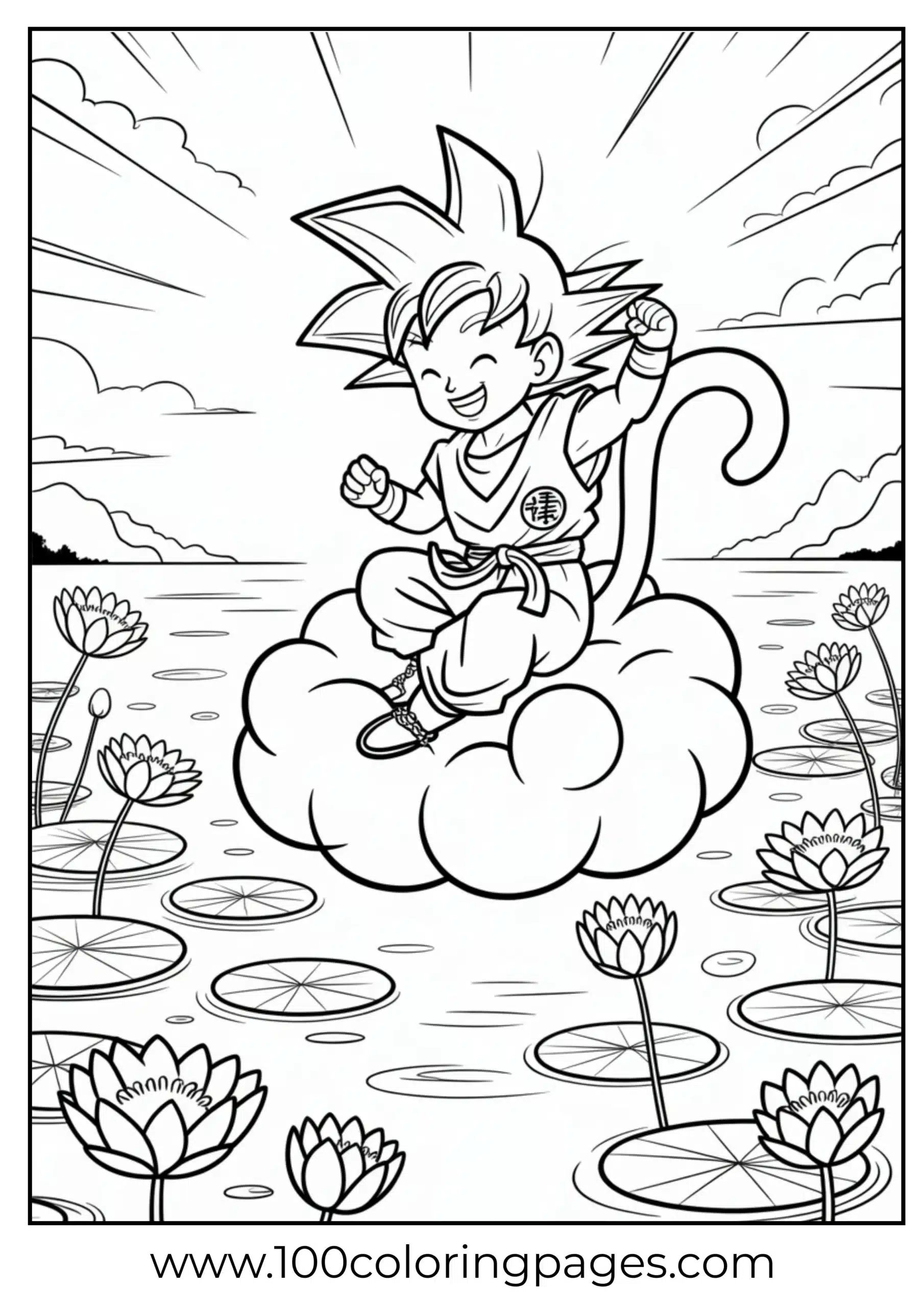 Goku riding Nimbus over lotus pond coloring page