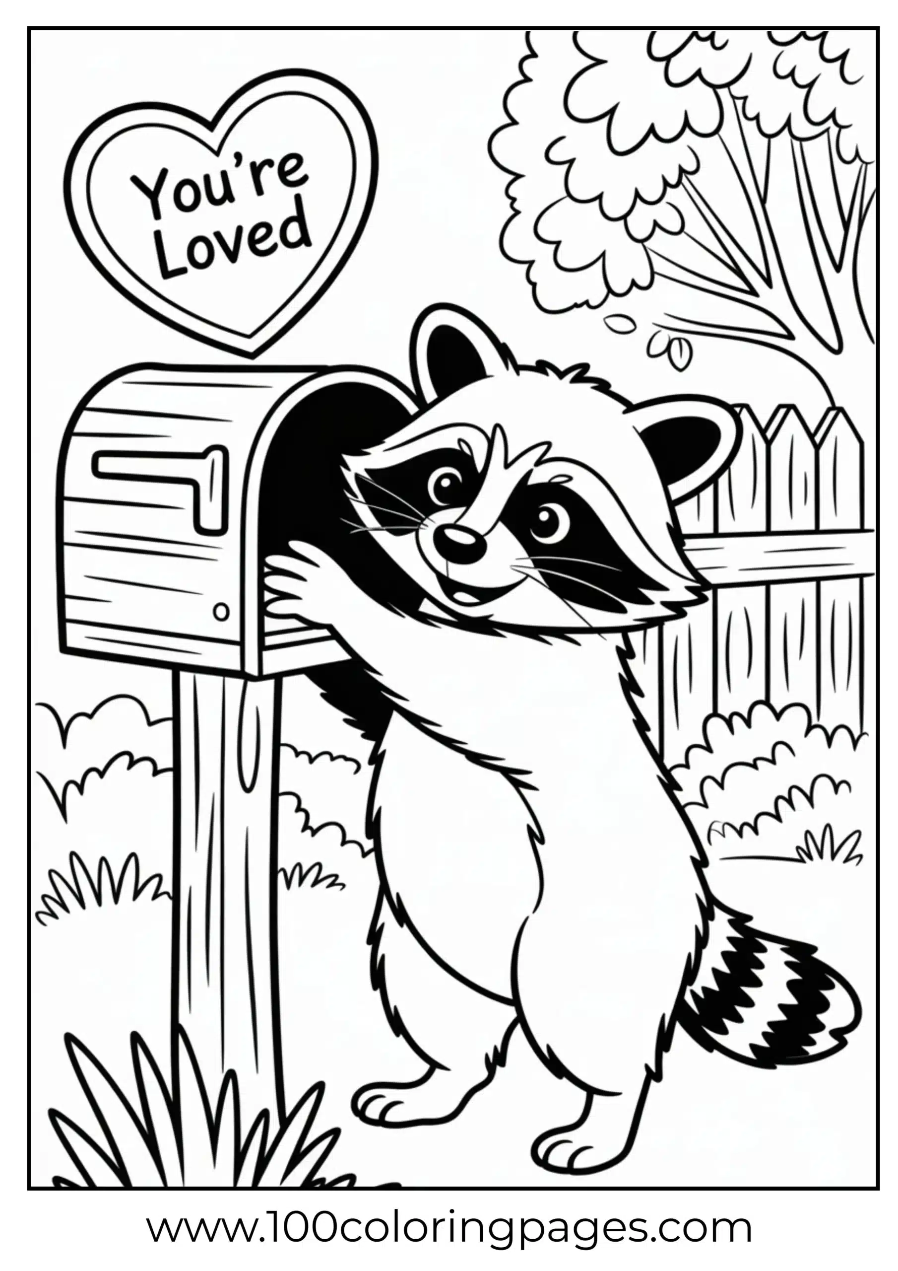 Raccoon receiving love letter coloring page