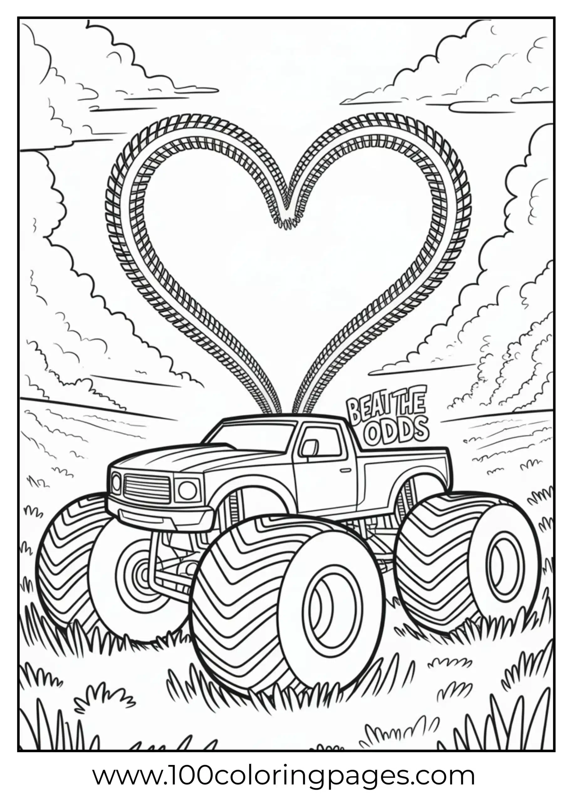 Heart-shaped track pattern behind monster truck