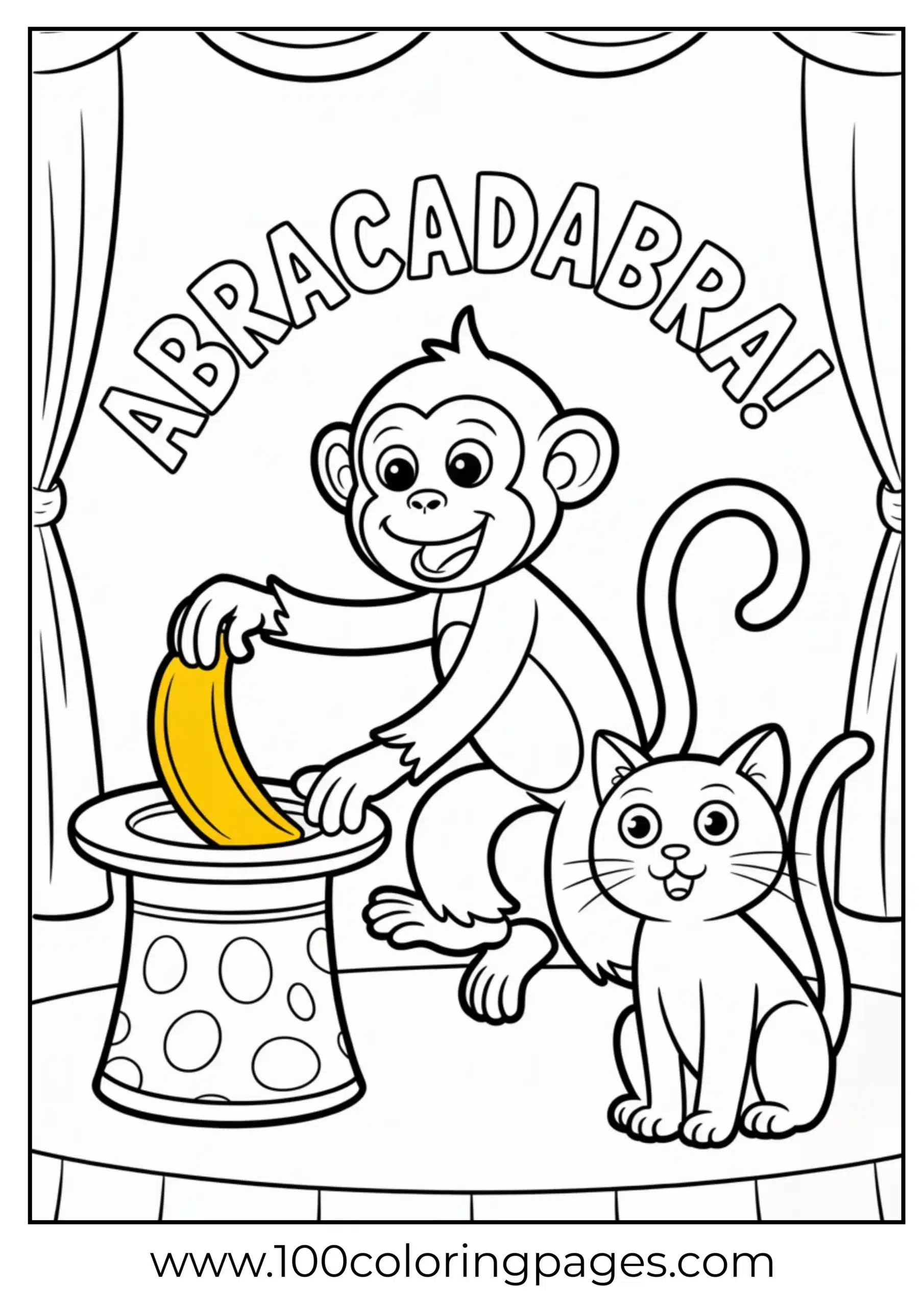 Monkey doing magic trick pulling banana coloring page