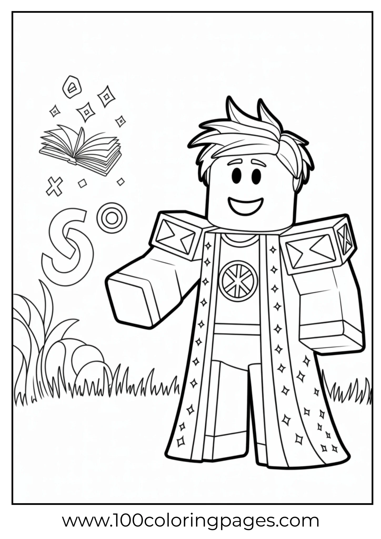 A boy with magical symbols and floating books around him