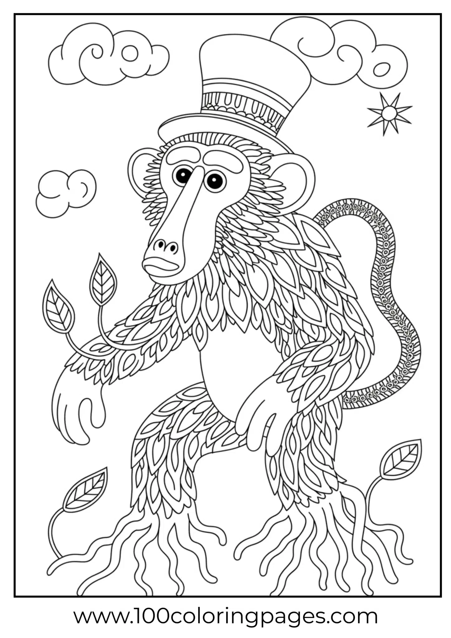 Illustration of a monkey in a top hat surrounded by leaves