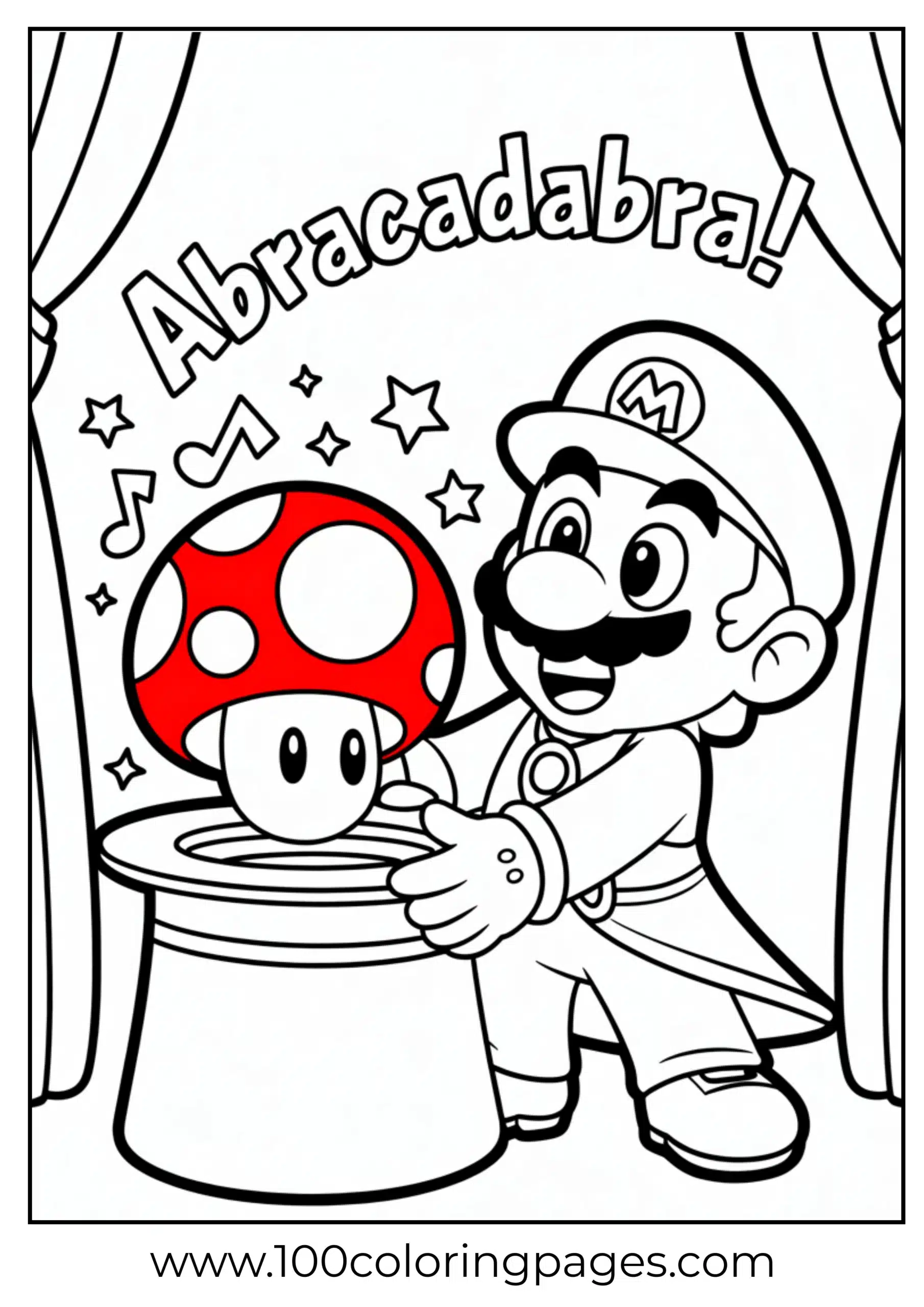 Mario doing magic tricks with mushroom in bold cartoon lines