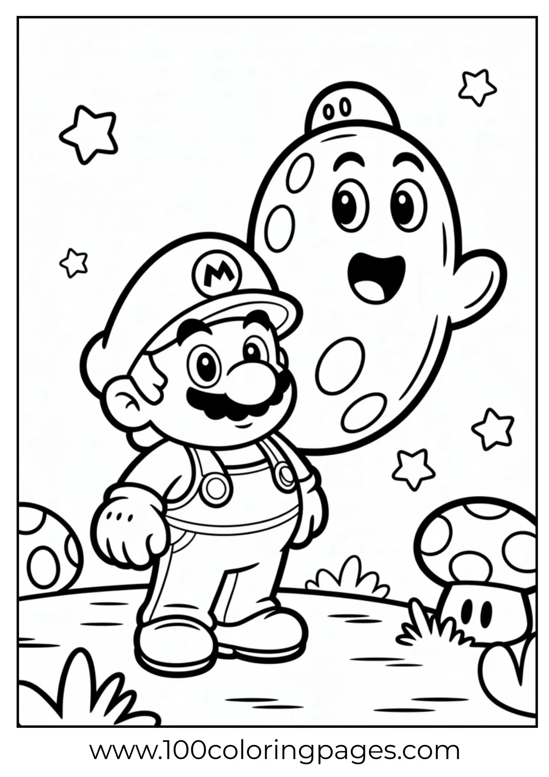 Mario with Boo ghost in a spooky-themed coloring scene