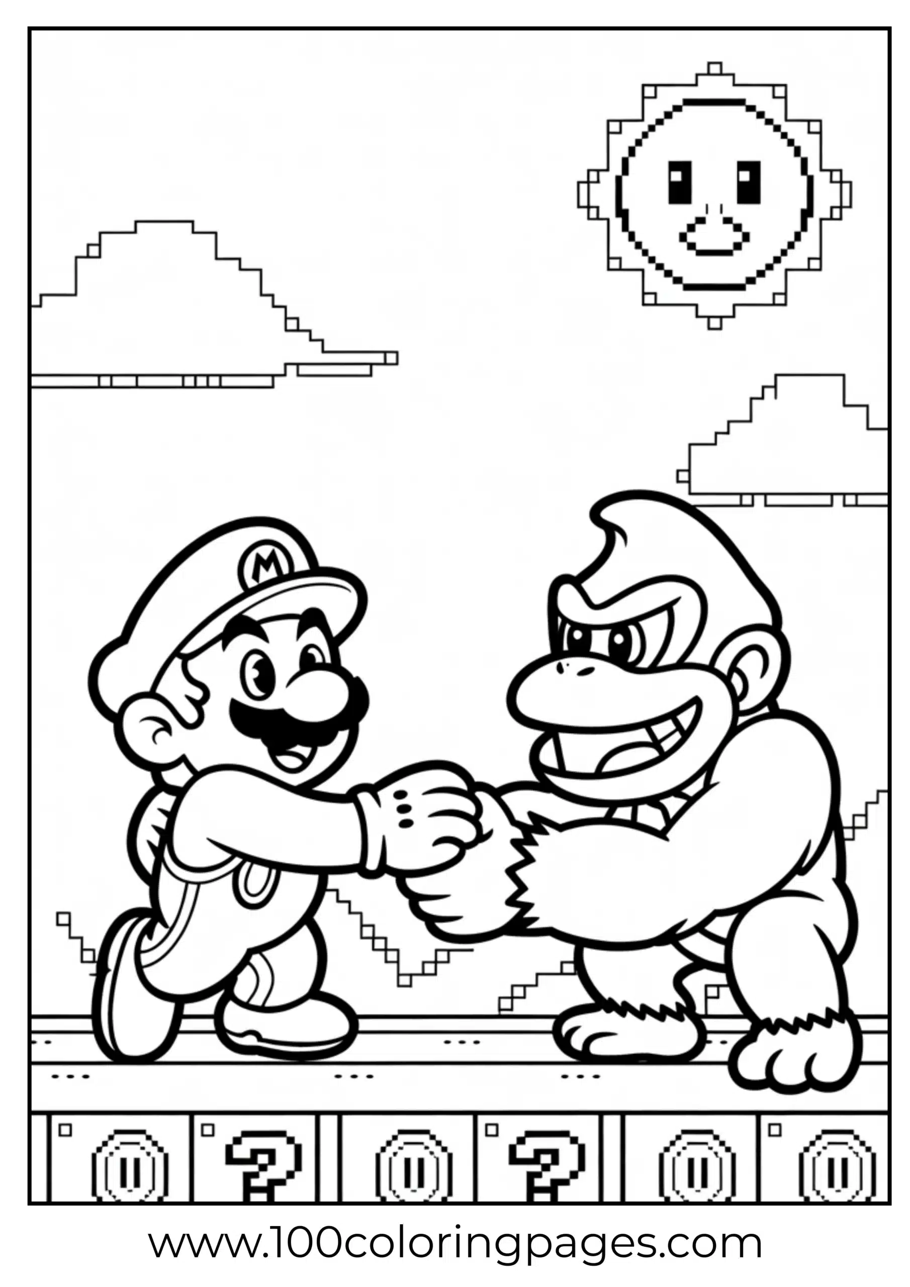 Mario shaking hands with Donkey Kong in cartoon coloring style