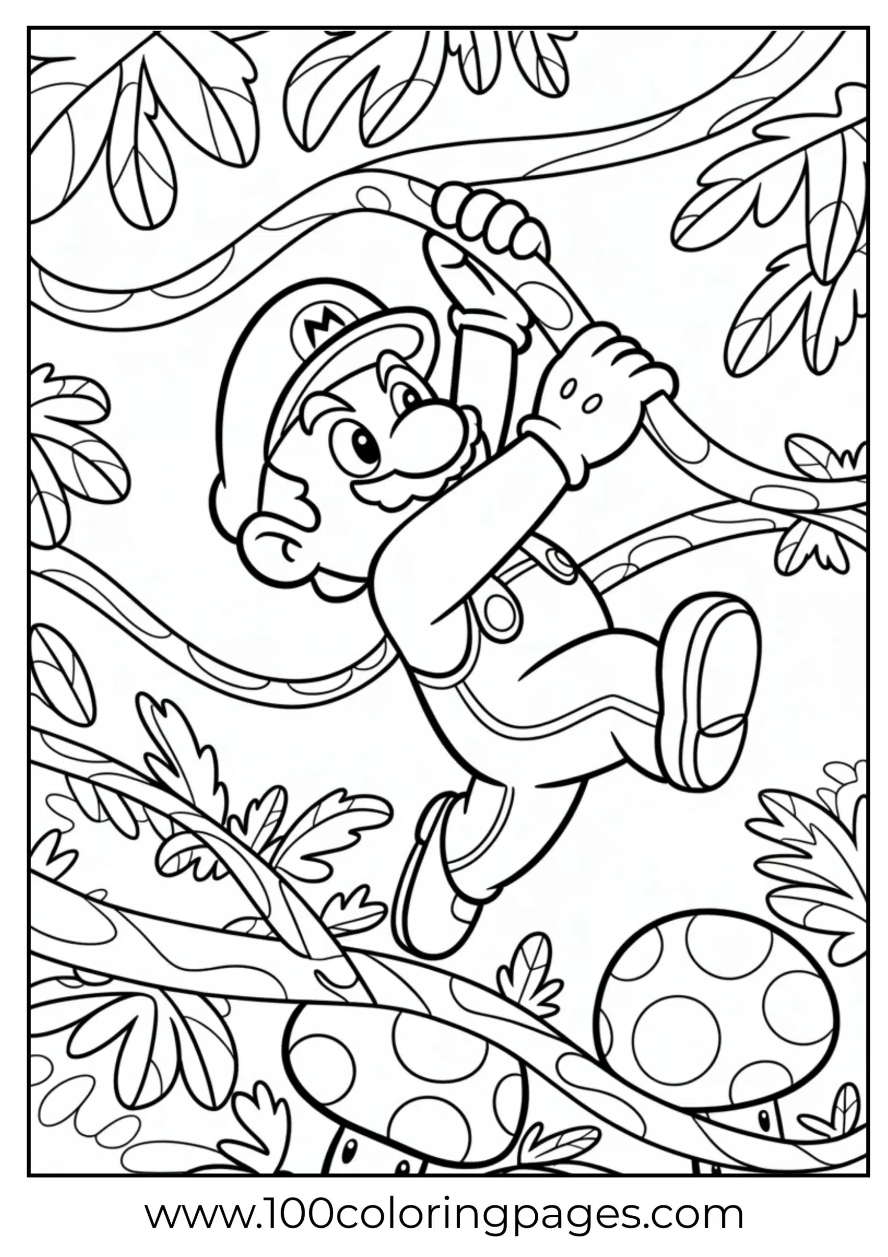 Mario climbing a tall vine in coloring format