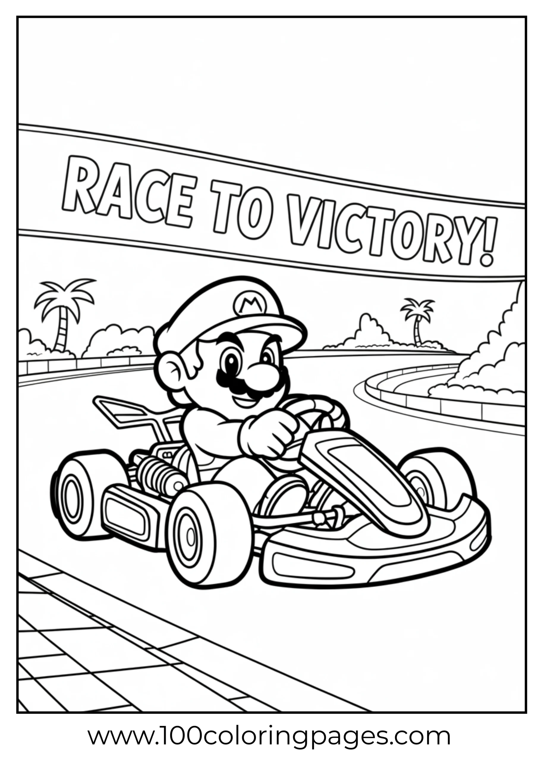 Mario in a go-kart racing in a black-and-white coloring page