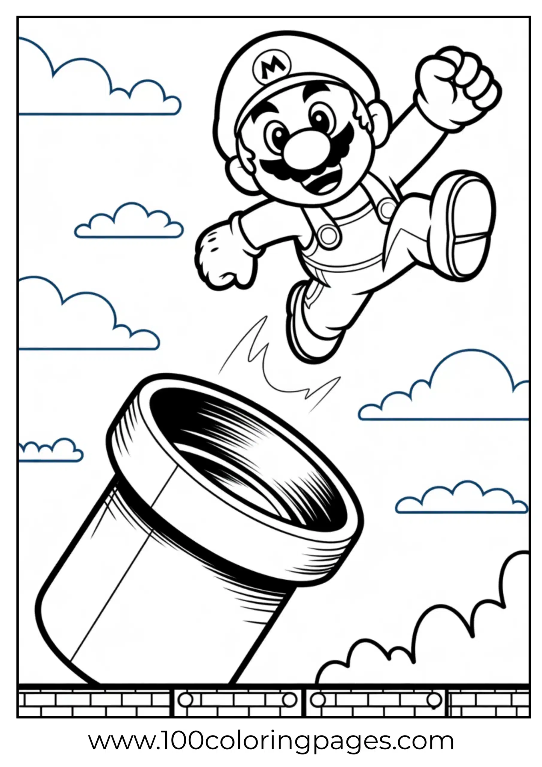 Mario jumping into Warp Pipe in printable cartoon format