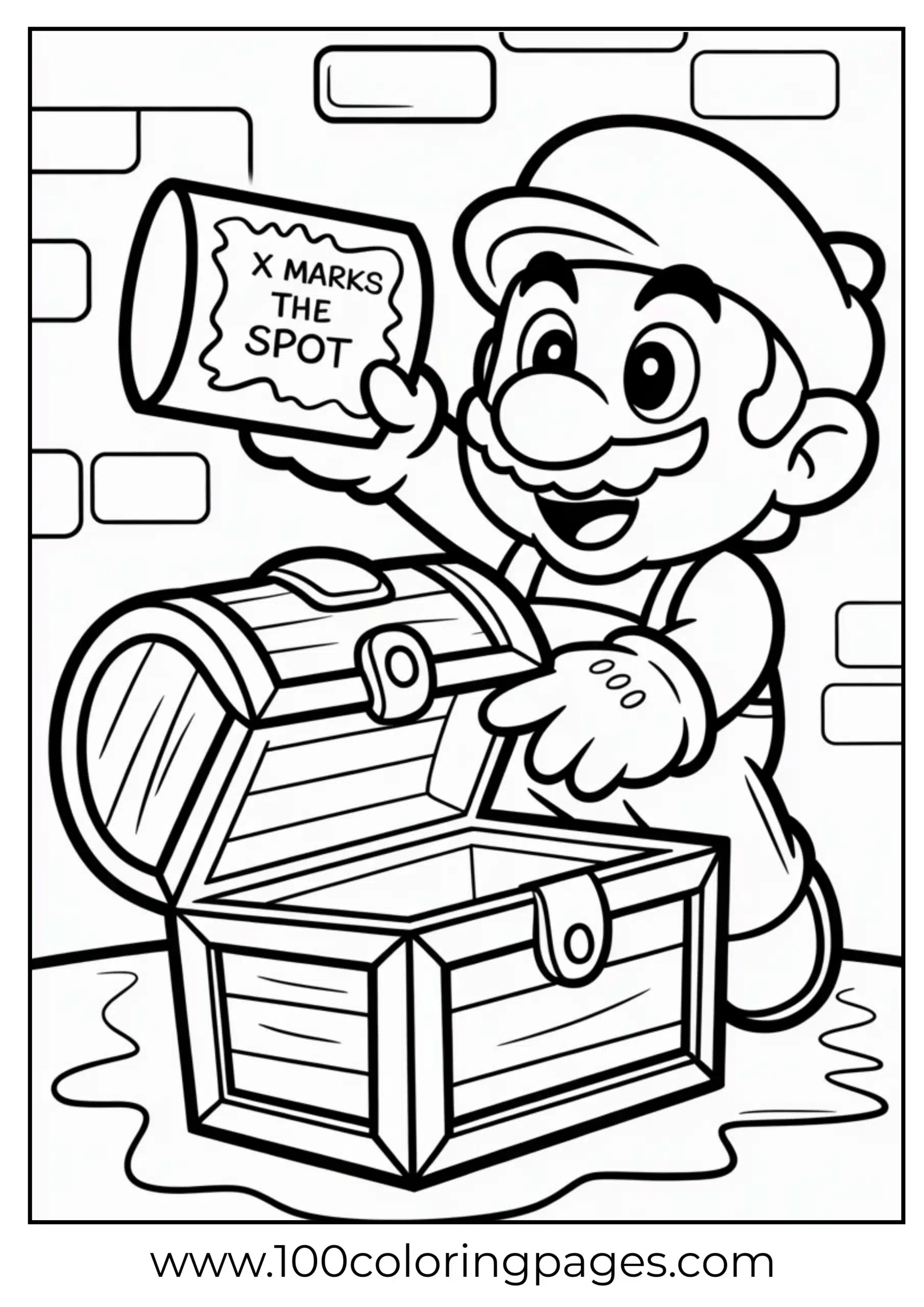 Mario with treasure chest and map in a coloring page