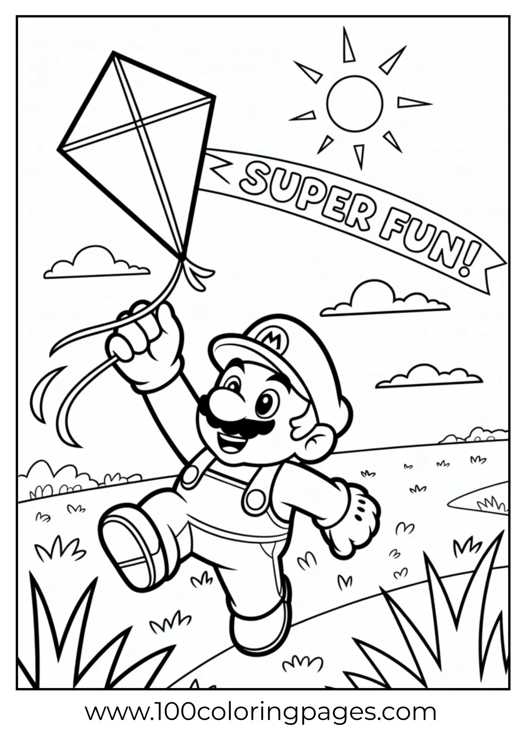 Mario flying a kite on a breezy day for kids to color