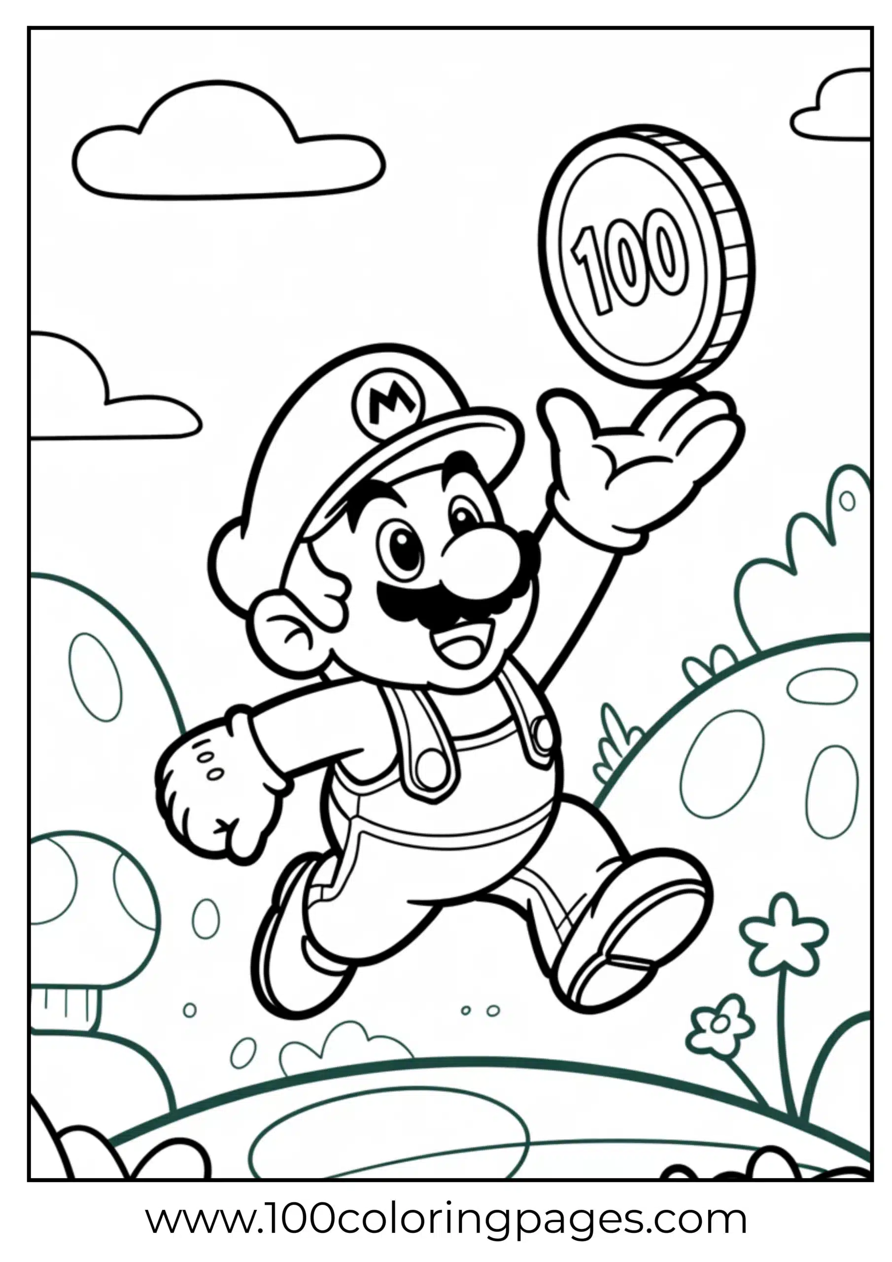 Mario jumping to grab a coin in cartoon line art style