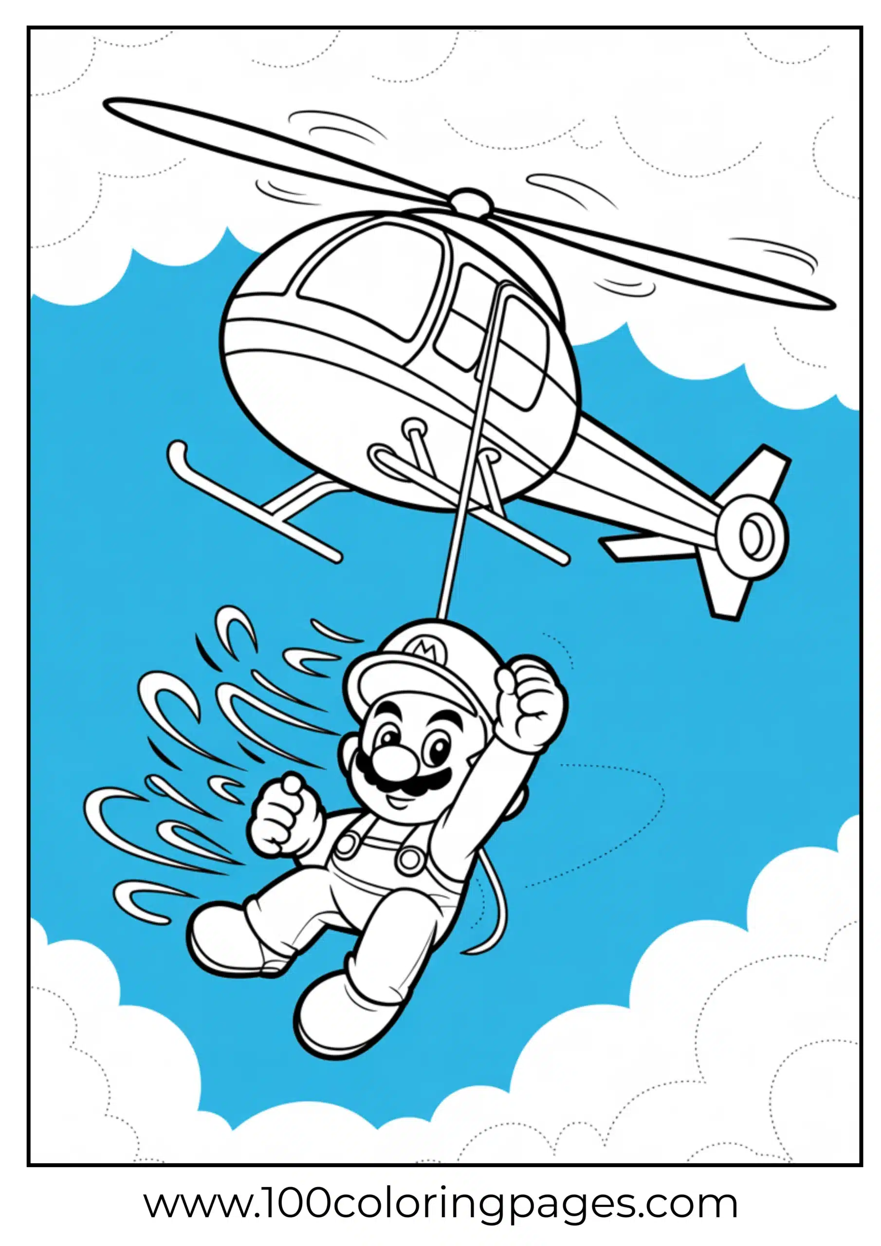 Mario hanging from helicopter rope in an action scene