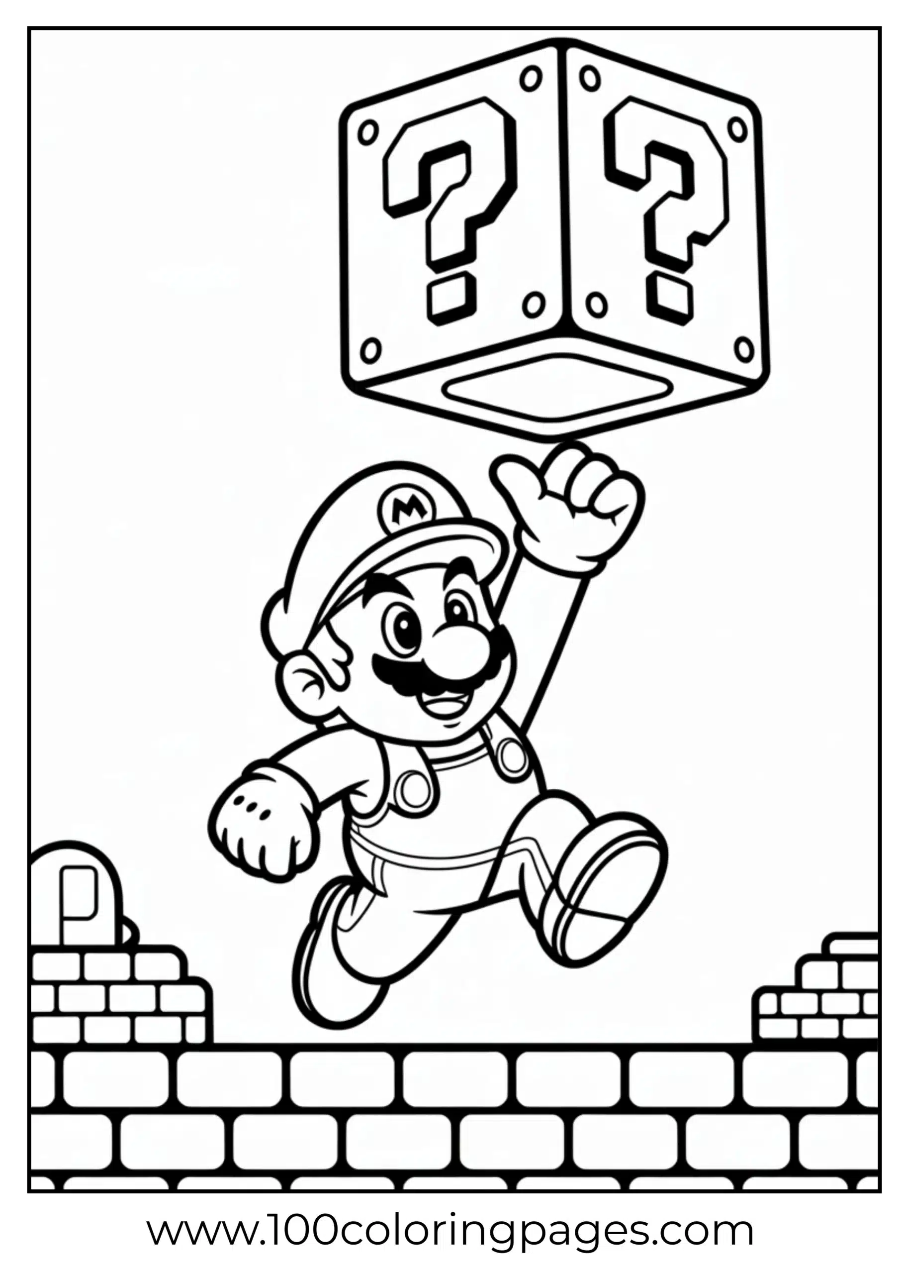 Mario jumping to hit a question block in line art