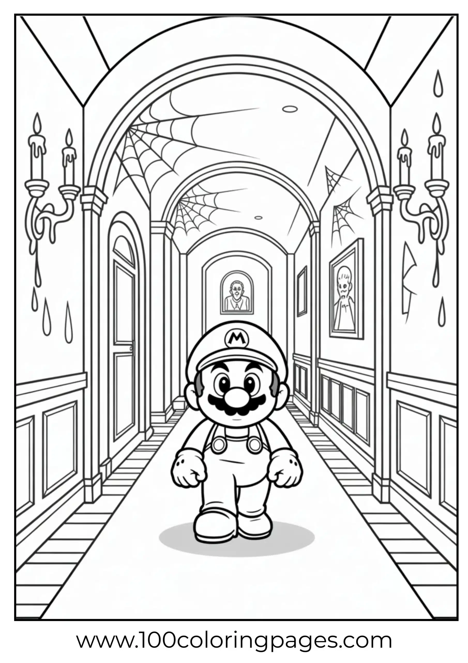 Mario exploring a haunted house in spooky coloring format