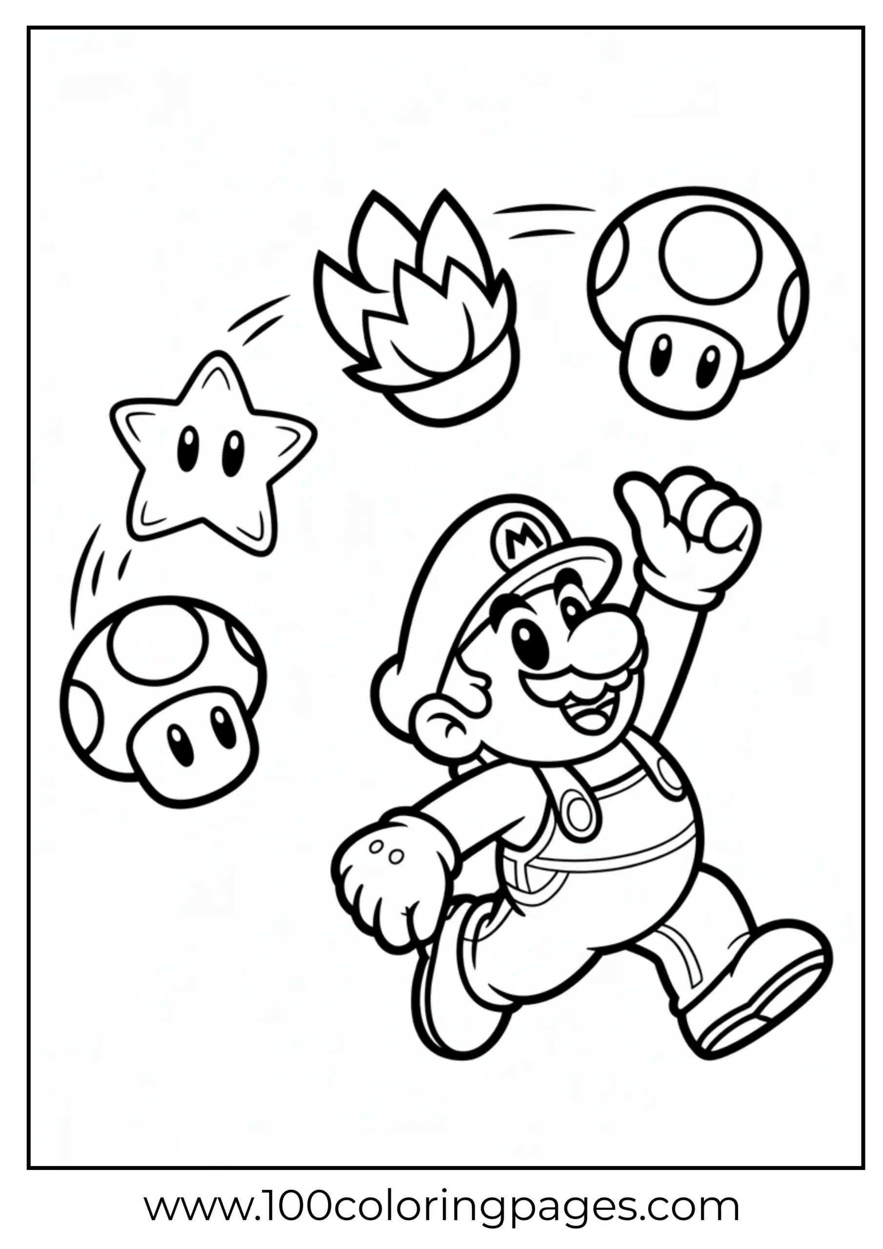 Mario juggling mushrooms, stars and fire flowers in coloring form
