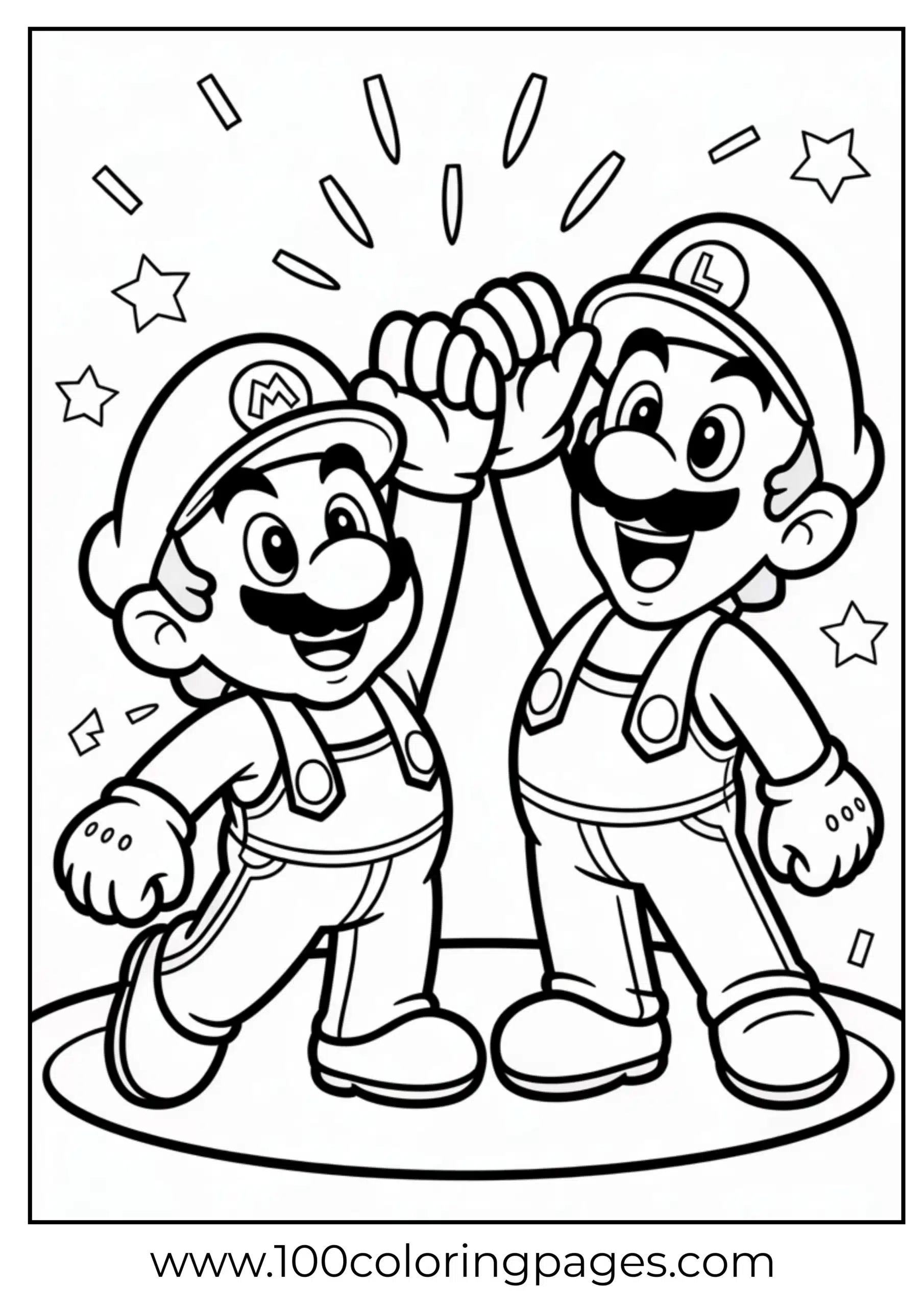 Mario and Luigi giving high five for teamwork coloring page