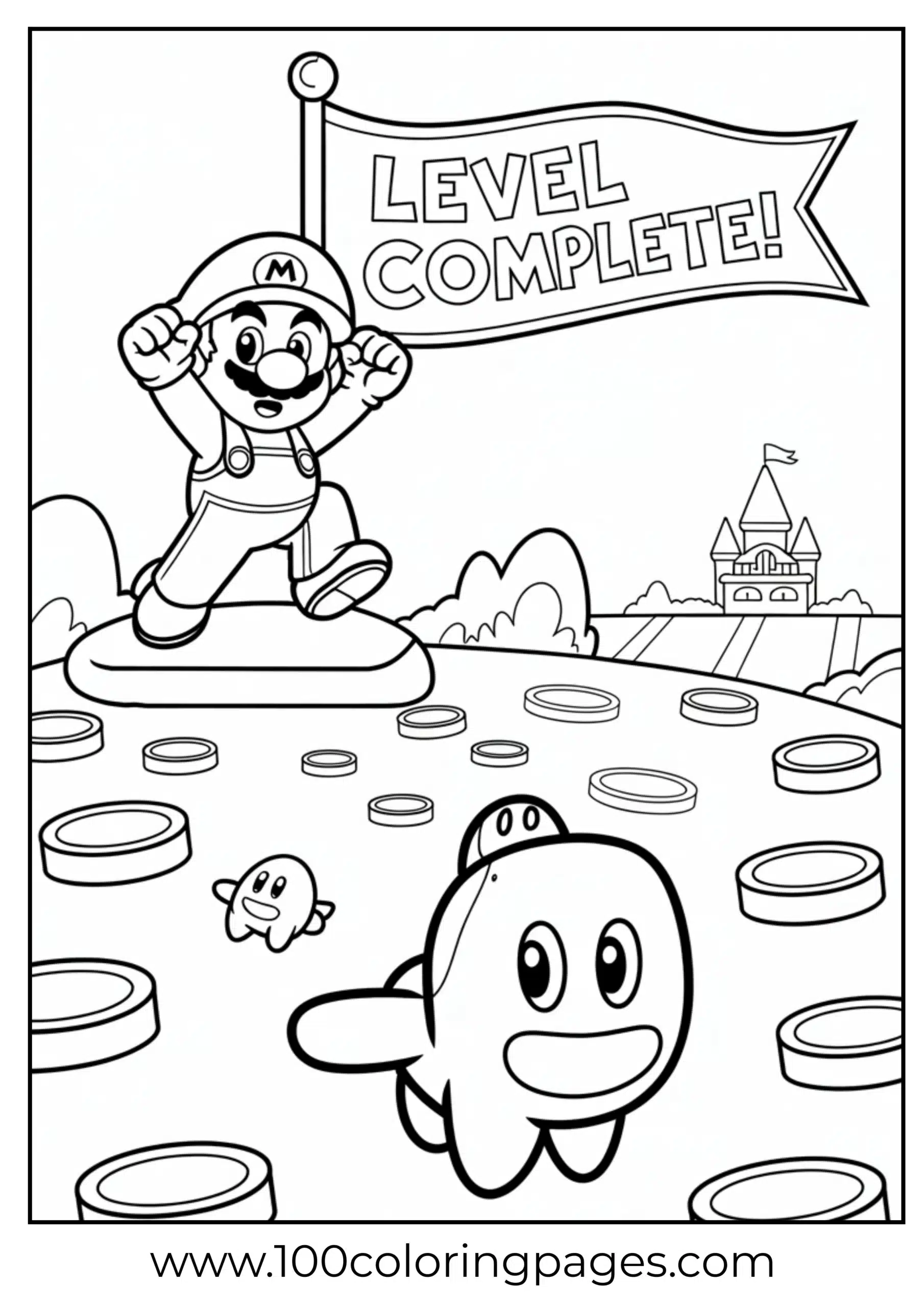 Mario on a flagpole celebrating victory in a bold outline