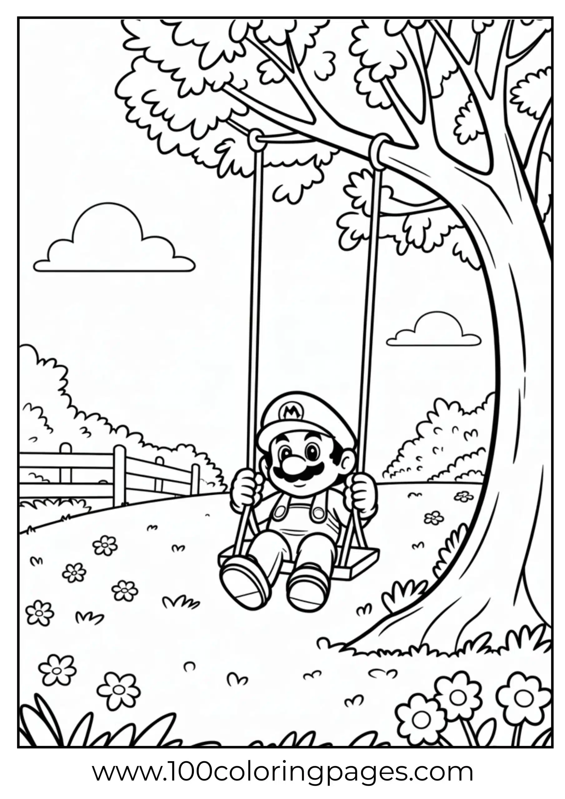 Mario swinging under a tree in a peaceful coloring page