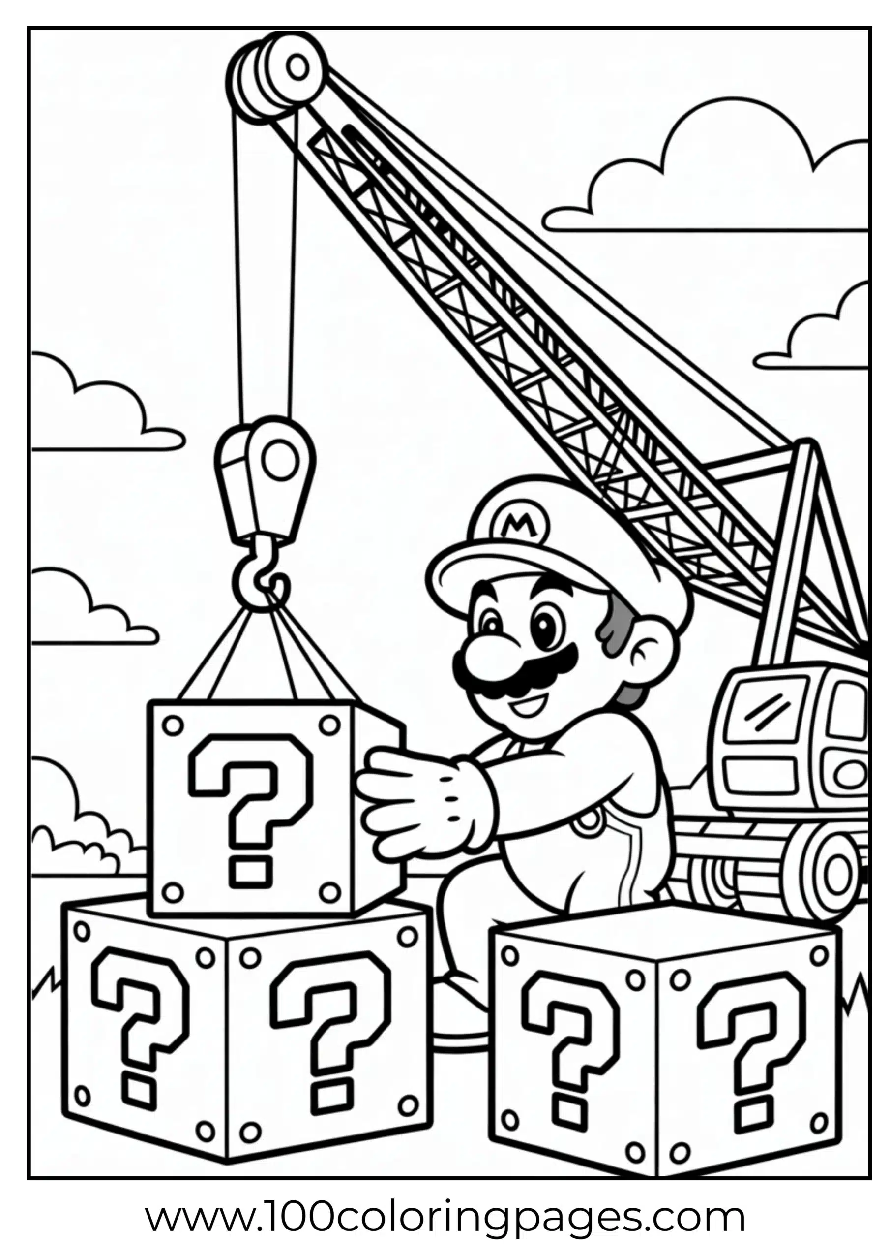 Mario using a crane to lift game blocks in cartoon form